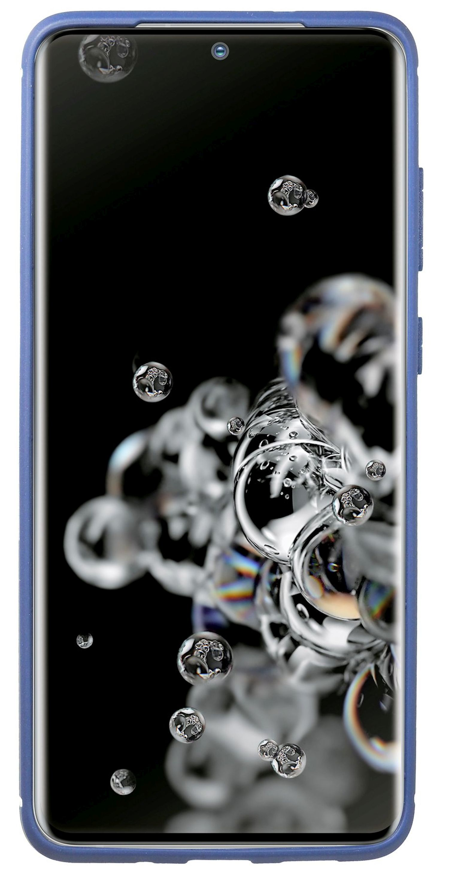 Smartphone mit blauem Gehäuse, das Blasen auf schwarzem Hintergrund zeigt. Das Telefon wird gezeigt.