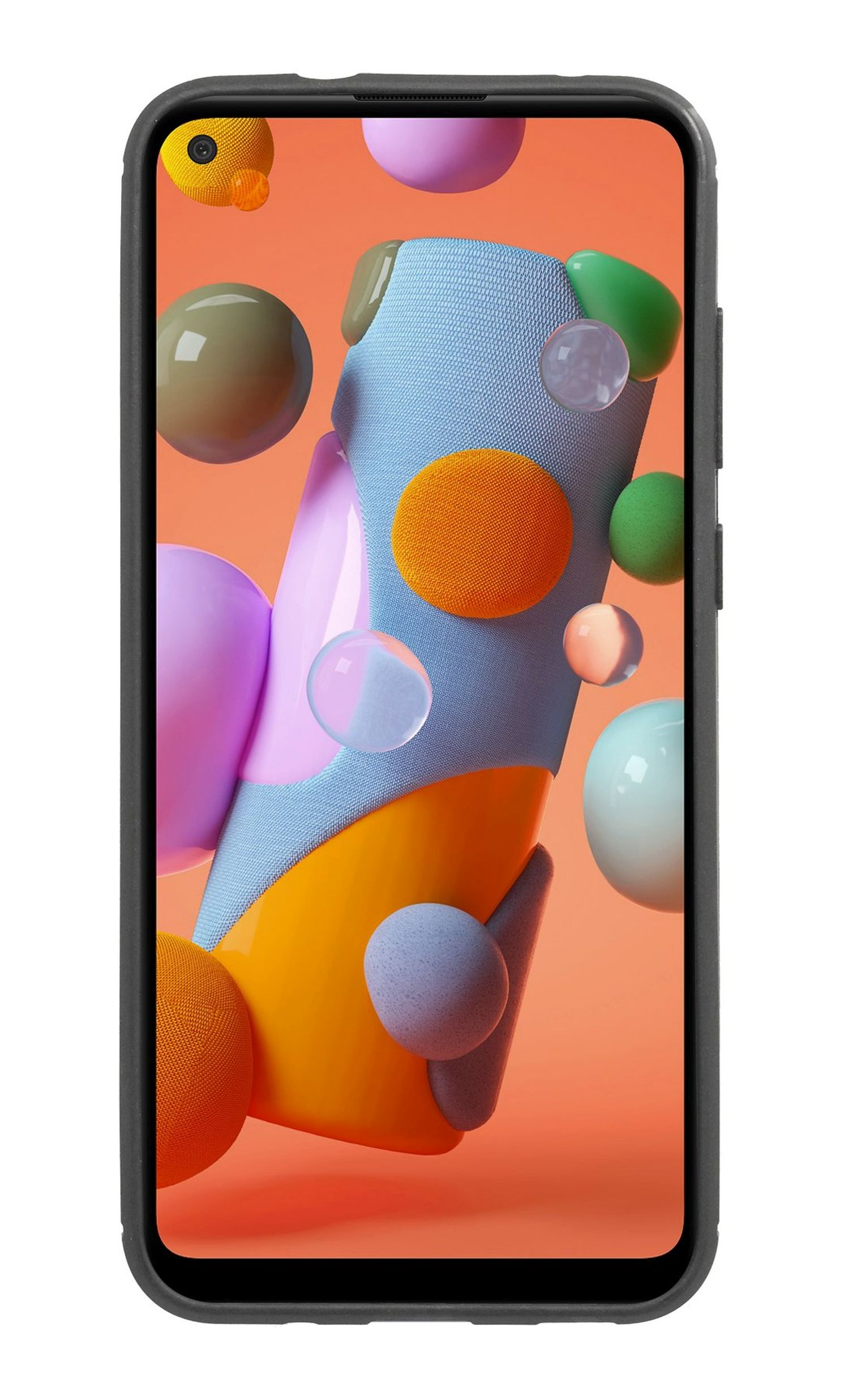 Smartphone-Bildschirm, orangefarbener Hintergrund, farbenfrohe abstrakte Formen. Schwarzer Rahmen.