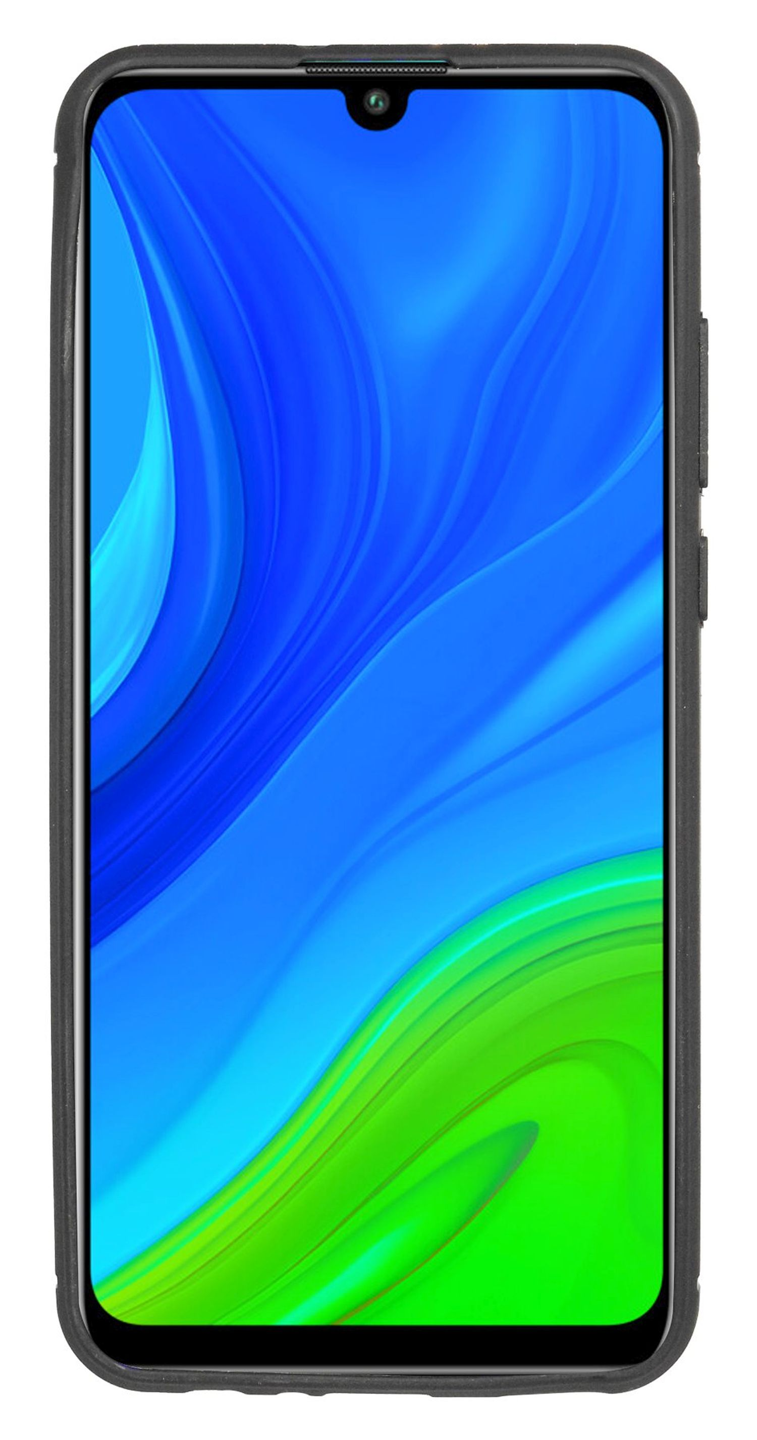 Schwarzes Smartphone mit farbenfrohem Display. Der Bildschirm zeigt einen Blau- und Grünverlauf.