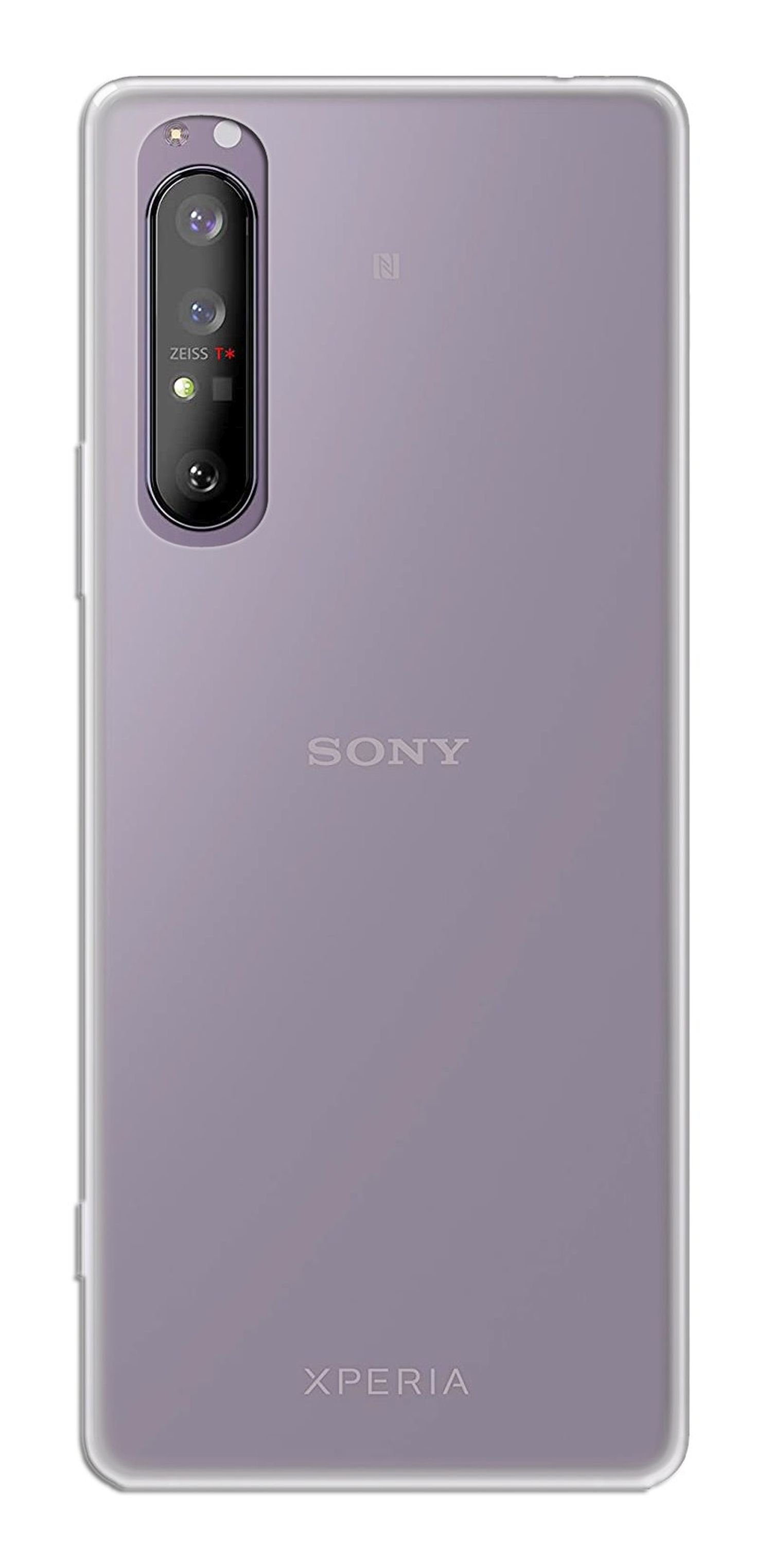 Lila Telefon auf weißem Hintergrund. Kamera sichtbar.