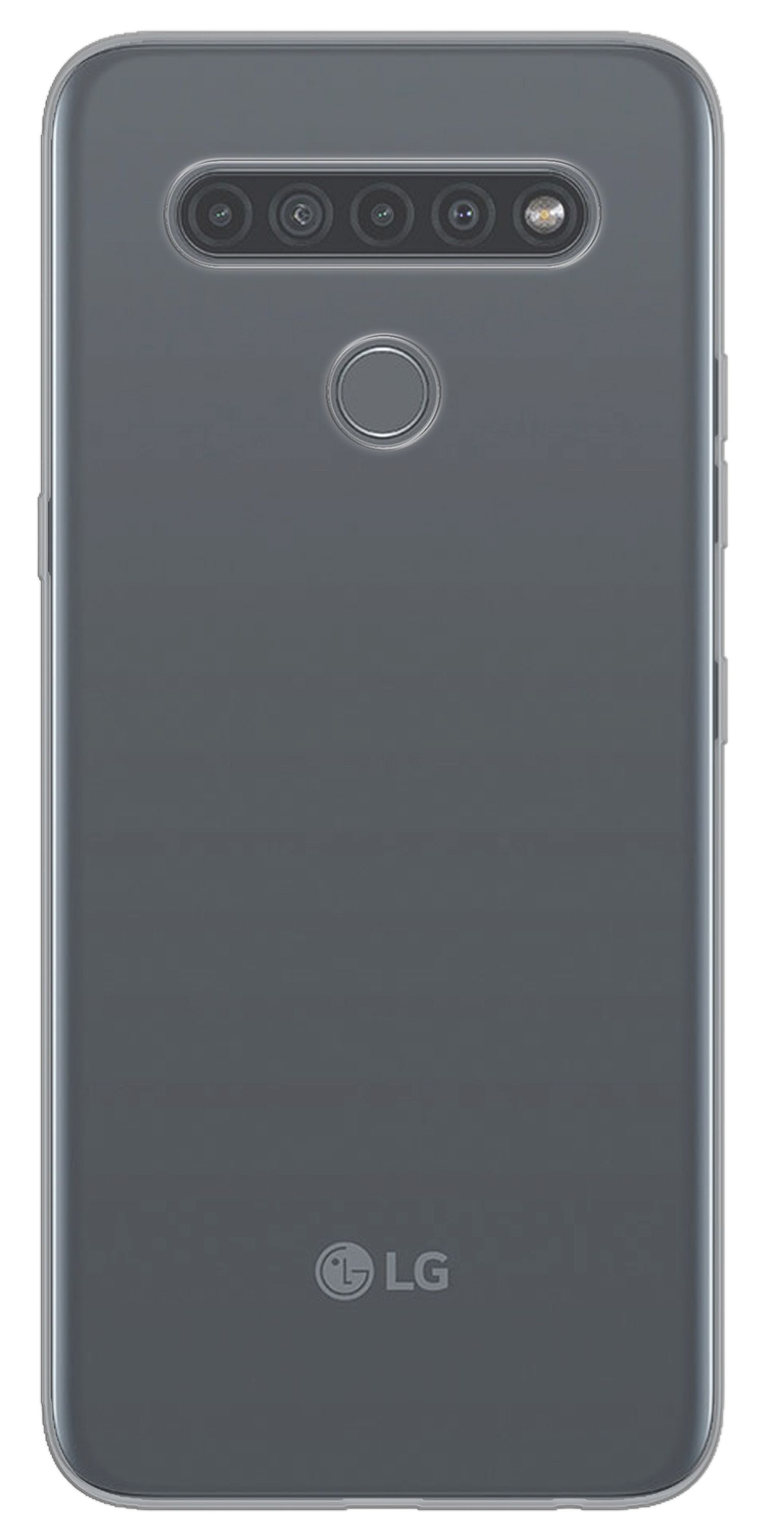 LG-Telefon auf weißem Hintergrund. Rückansicht, graue Farbe.