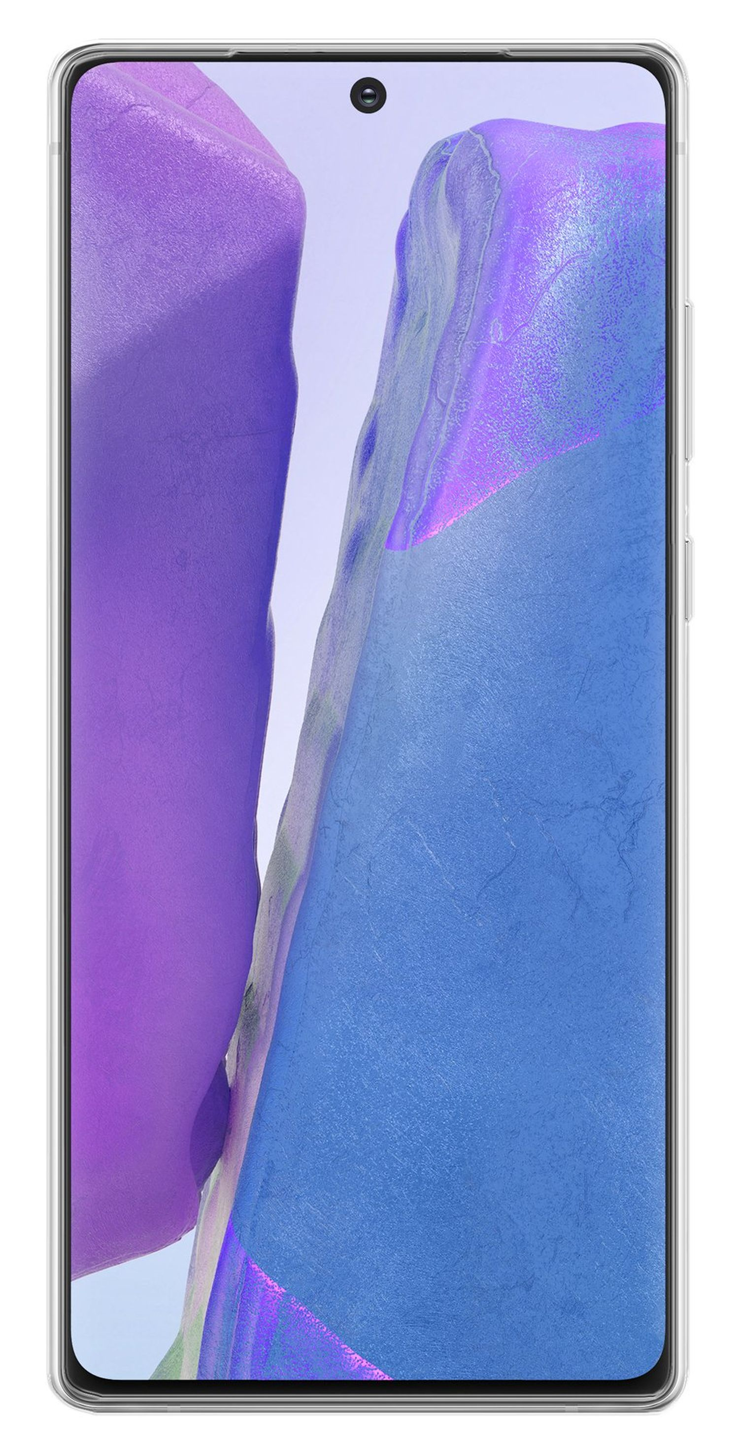 Smartphone-Bildschirm mit abstrakten lila und blauen Formen.