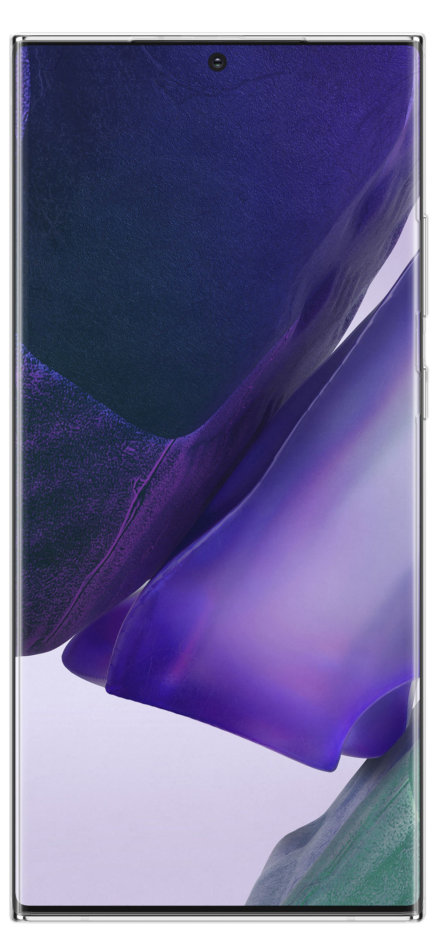 Smartphone zeigt lebendiges, abstraktes lila Bild auf weißem Hintergrund.