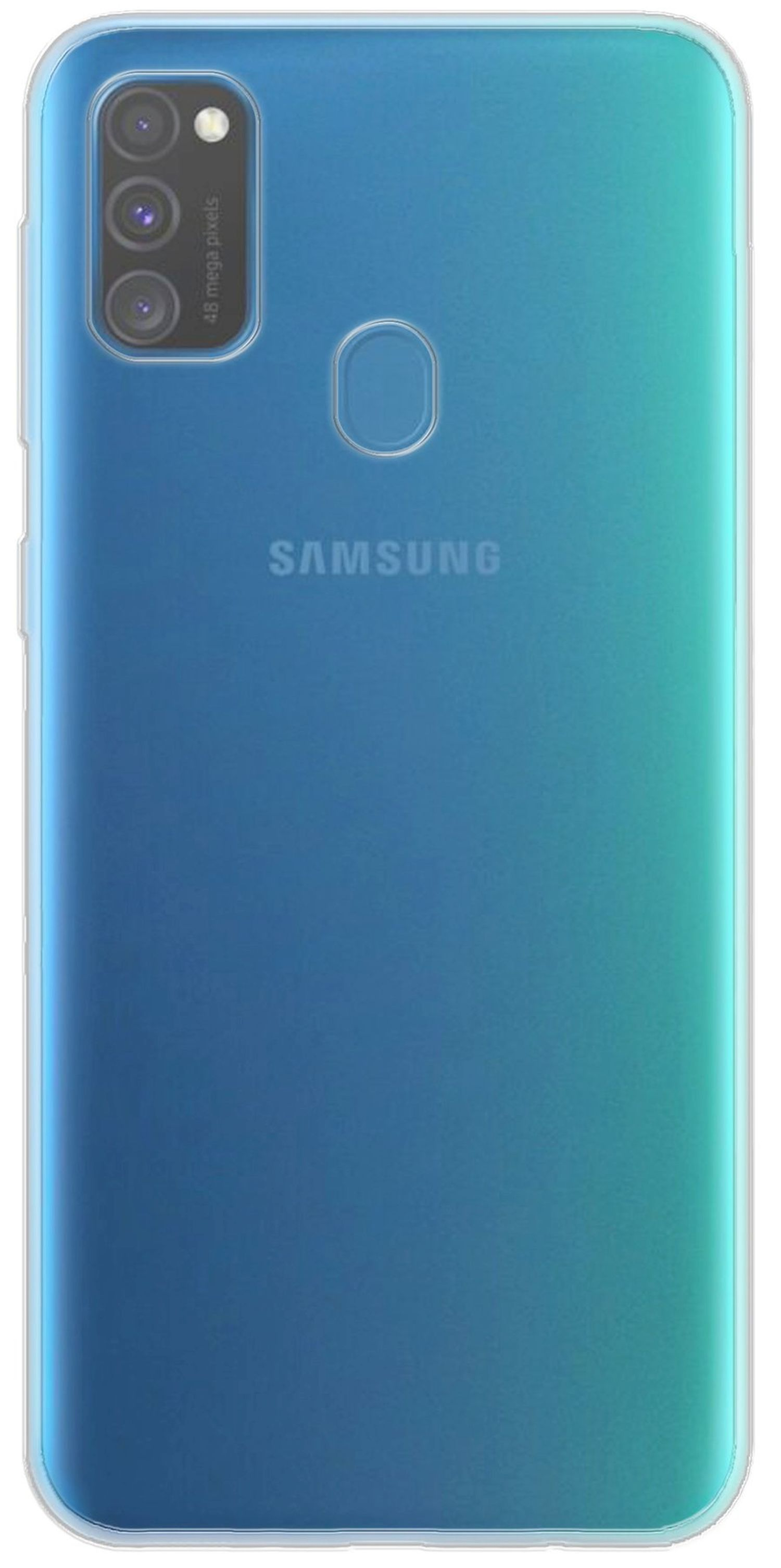 Ein blau-grünes Samsung-Telefon wird gezeigt. Die Rückseite hat Kameras und ein Logo.