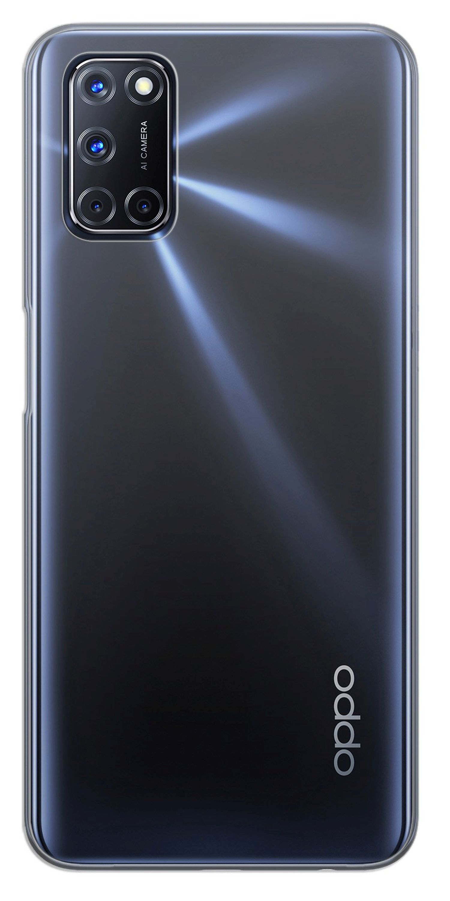 Rückseite eines schwarzen Telefons mit Oppo-Logo, das die Kamera und das Blitzlichtfeld zeigt.