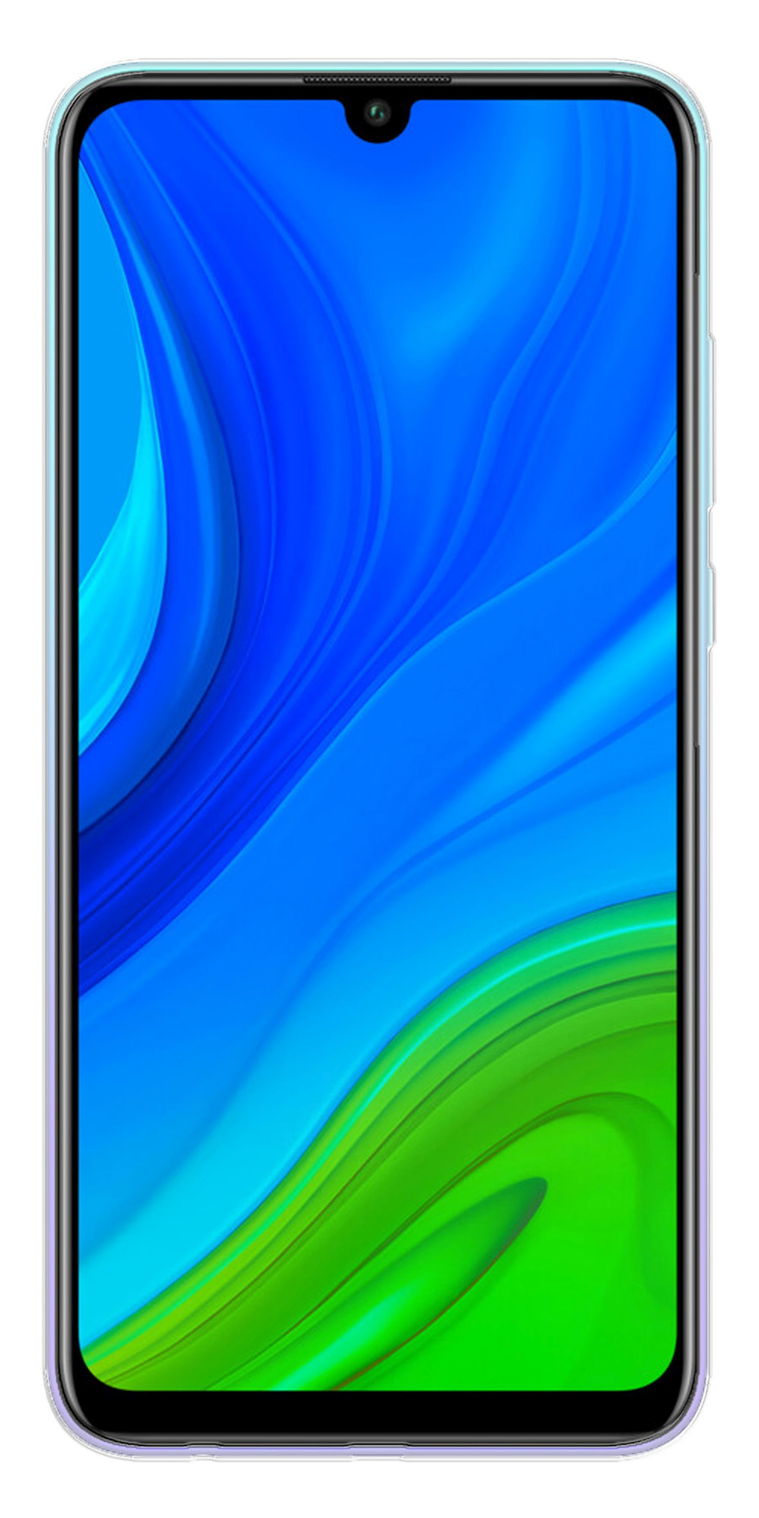 Smartphone-Bildschirm mit blauen und grünen abstrakten Mustern, mit klarer Hülle.
