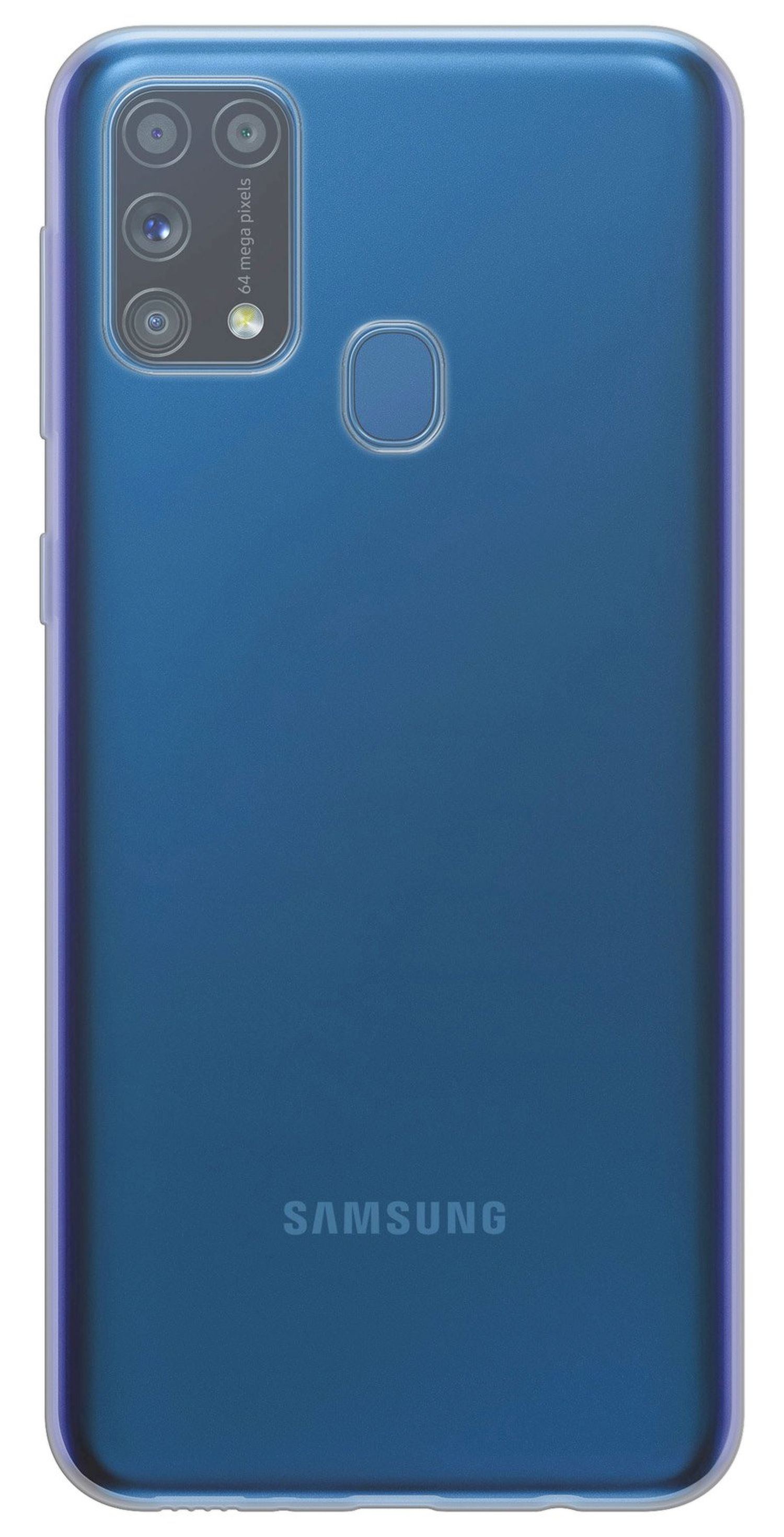 Blaue Handyhülle. Die Rückseite hat eine Kamera und das Samsung-Logo.
