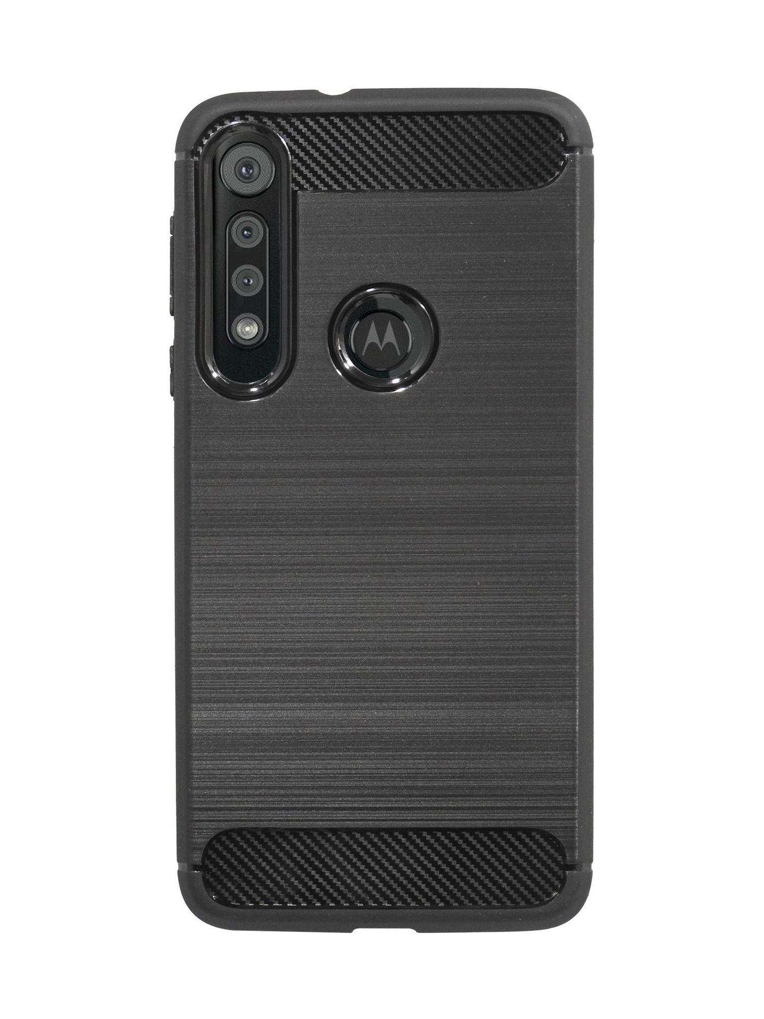 Schwarze Handyhülle. Das Telefon hat eine Dreifach-Objektiv-Kamera und das Motorola-Logo.