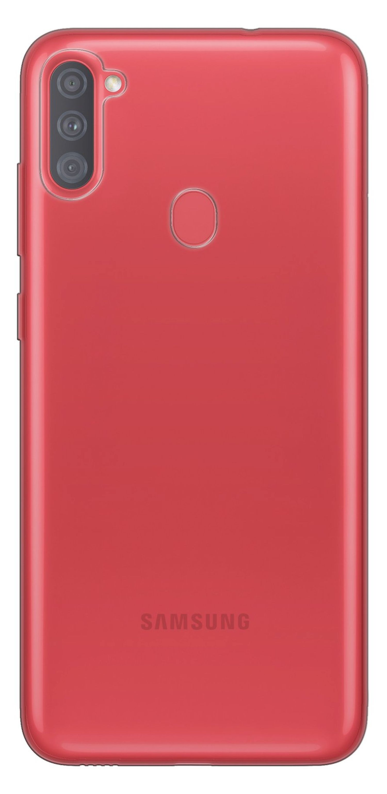 Funda de teléfono roja, vista trasera, con lentes de cámara y logo Samsung visible.