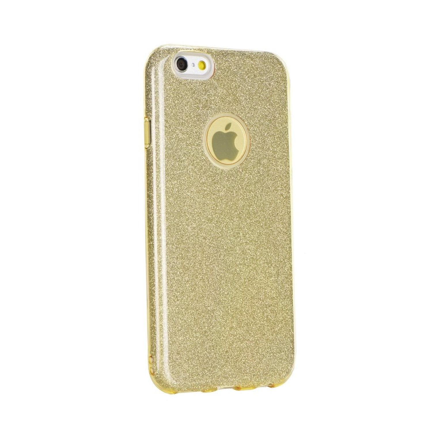 Glitzernde goldene Handyhülle, Rückansicht, mit Apple-Logo sichtbar, auf Weiß.