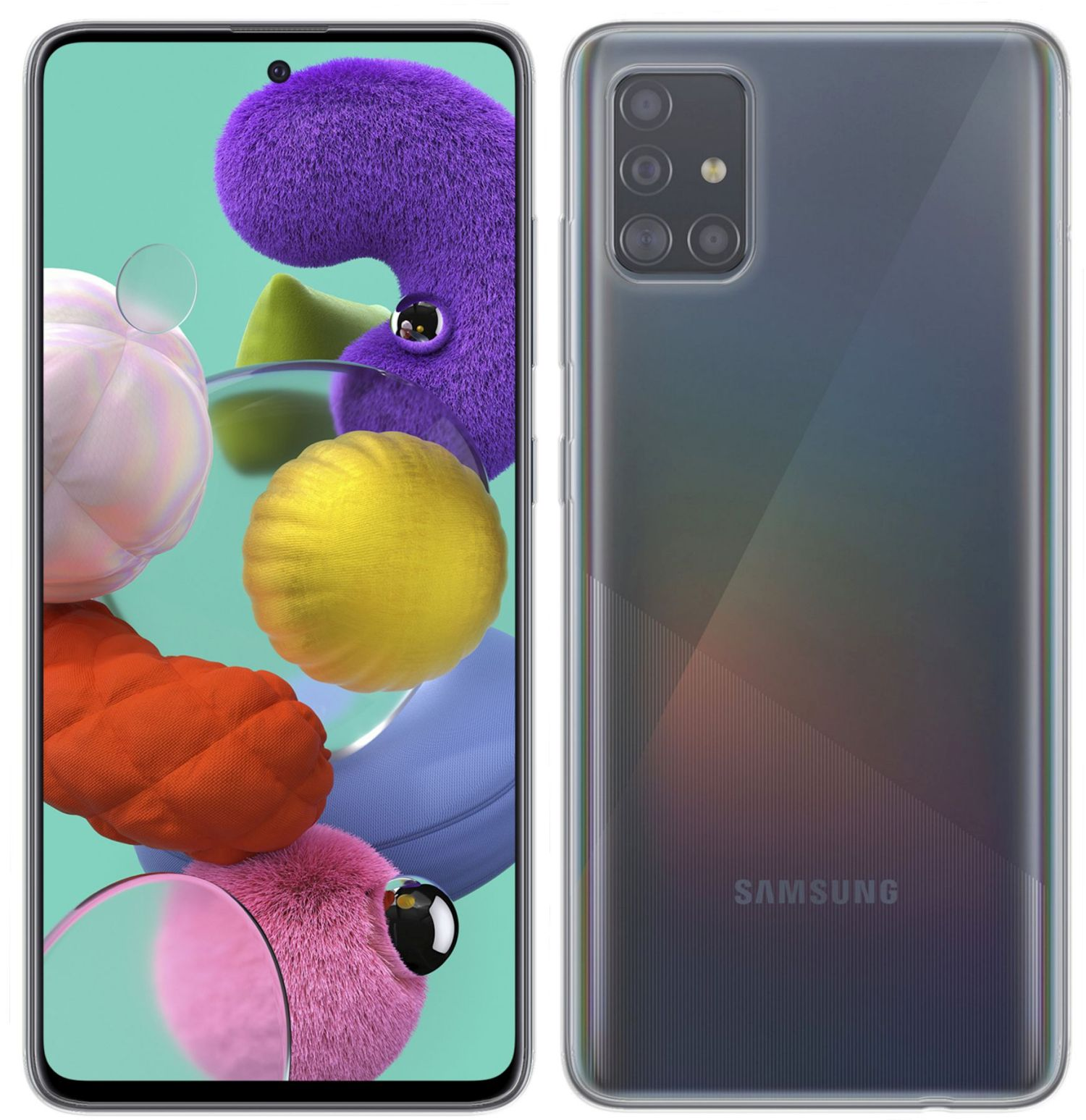 Vorder- und Rückansicht eines Samsung-Telefons in einer transparenten Hülle. Weißer Hintergrund.