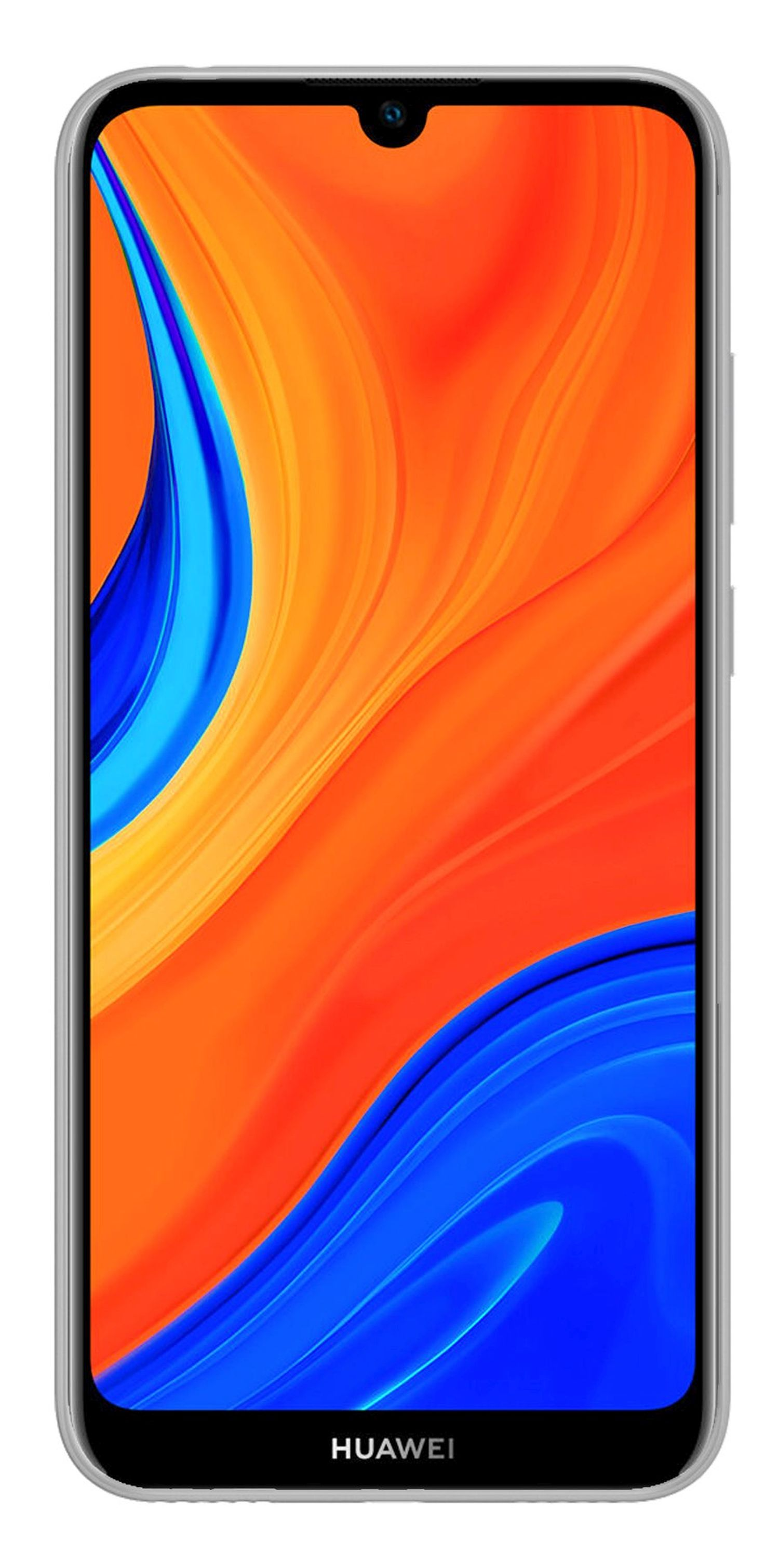 Ein Smartphone mit einem orange-blauen Farbverlauf. Das Telefon hat einen schwarzen Rahmen und eine kleine Kamera.