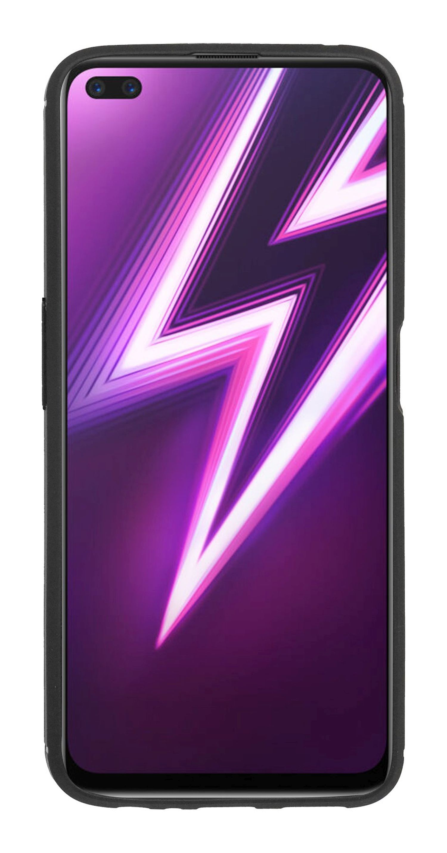 Ein Smartphone mit schwarzem Gehäuse. Der Bildschirm zeigt ein lila Blitzdesign. Oben befindet sich eine Frontkamera.