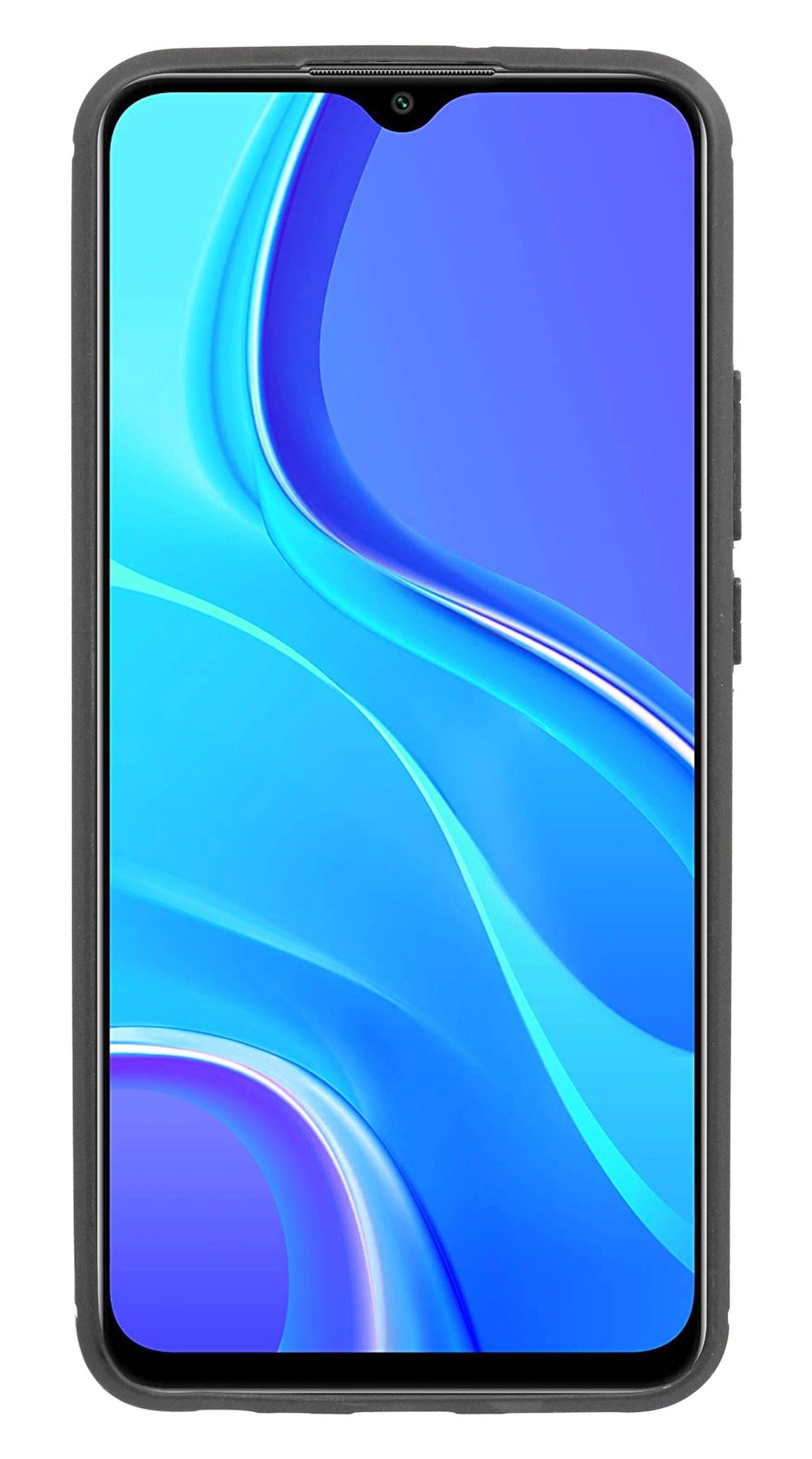 Telefon in einer dunkelgrauen Hülle. Der Bildschirm zeigt einen blauen Wasserhintergrund. Weißer Hintergrund.