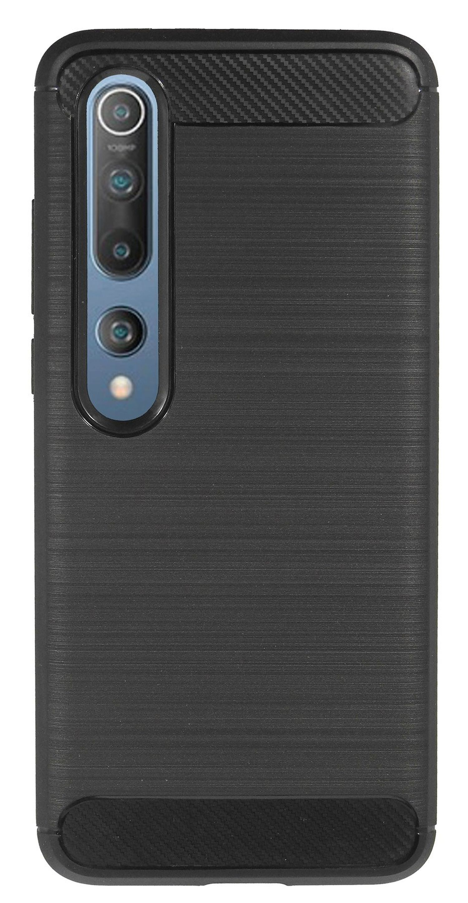 Schwarze Handyhülle mit strukturierter Rückseite. Kamera sichtbar. Karbonfaser-Design oben.