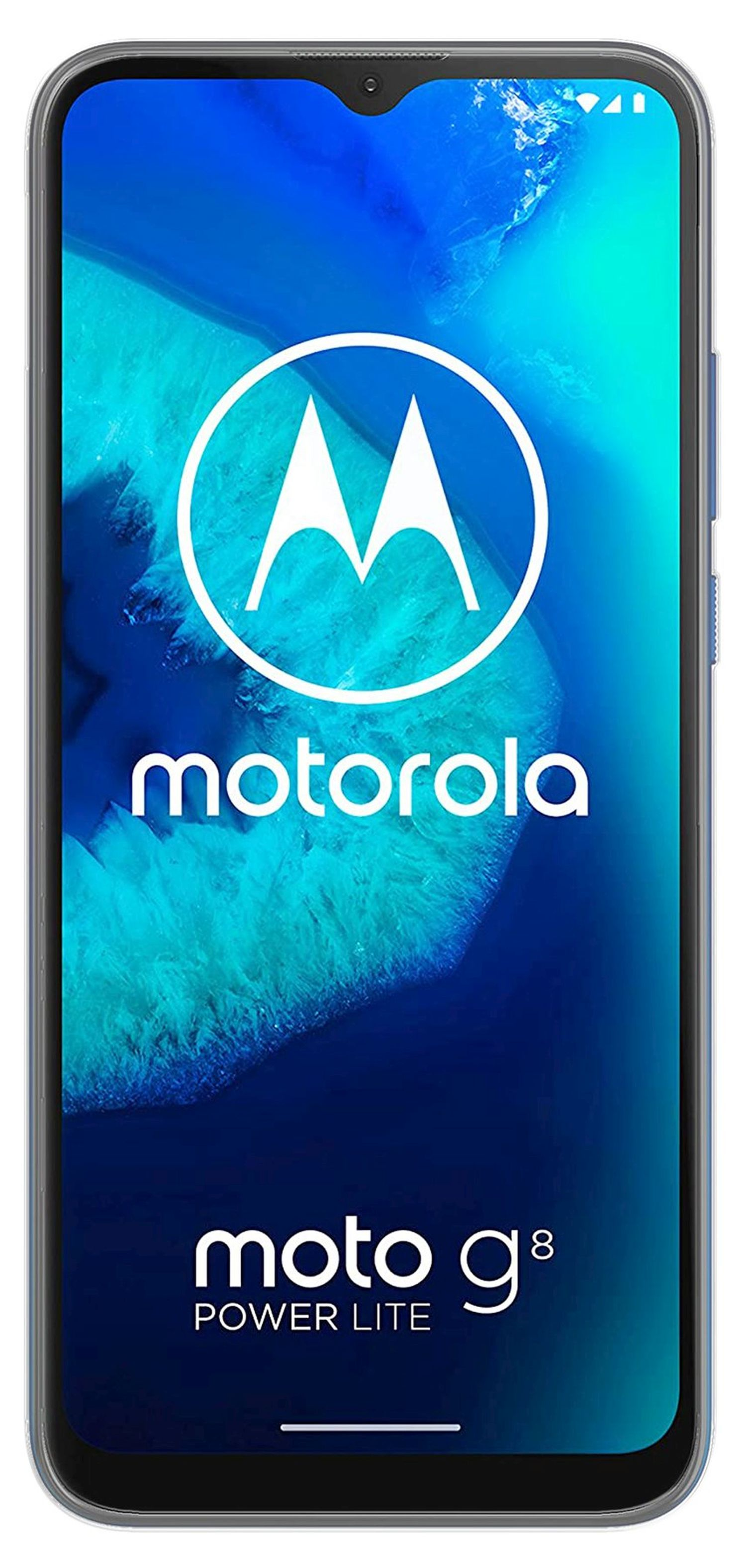 Smartphone mit blauem Rahmen und blau-weißem Bildschirm, Motorola-Logo und Schriftzug Moto g8 Power Lite.