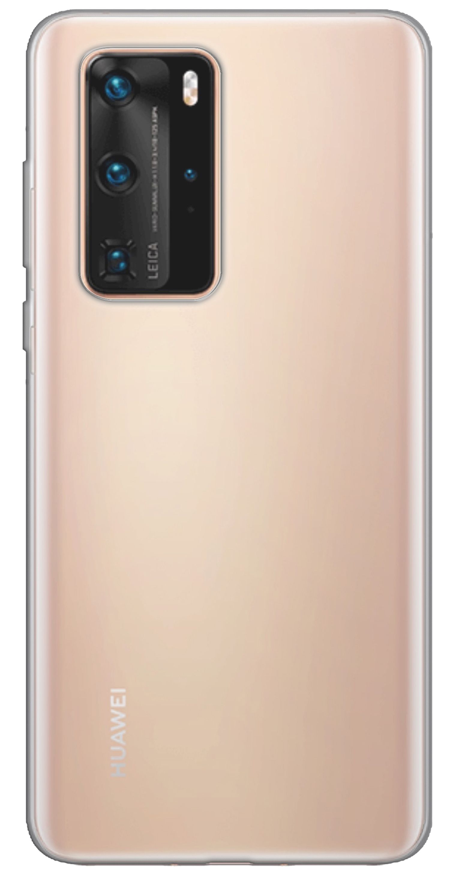 Rückseite eines goldfarbenen Telefons. Es hat mehrere Kameras, einen Blitz und ein Huawei-Logo. Weißer Hintergrund.