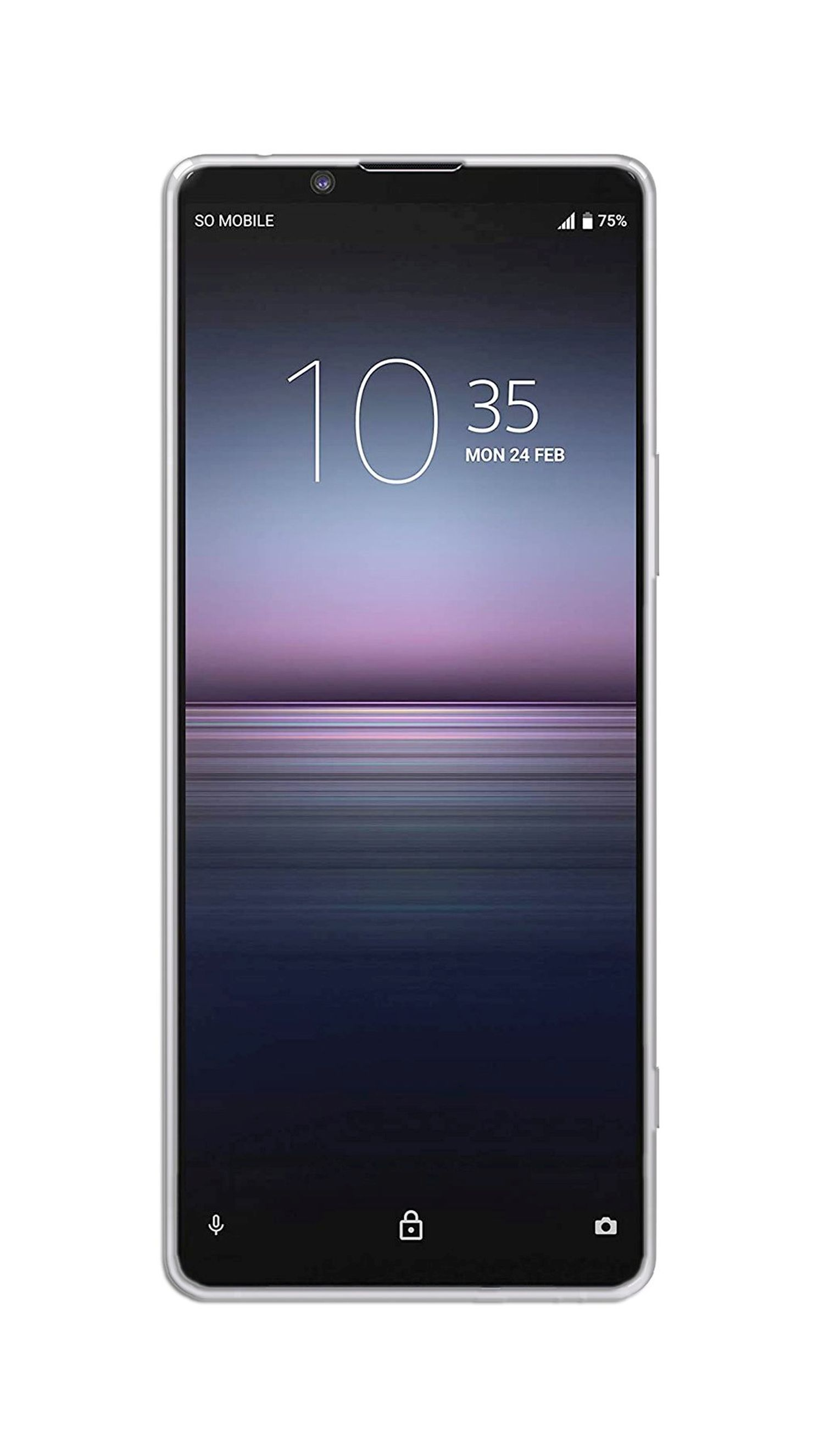 Smartphone auf weißem Hintergrund. Display zeigt Uhrzeit und Datum. Silberner Rahmen.
