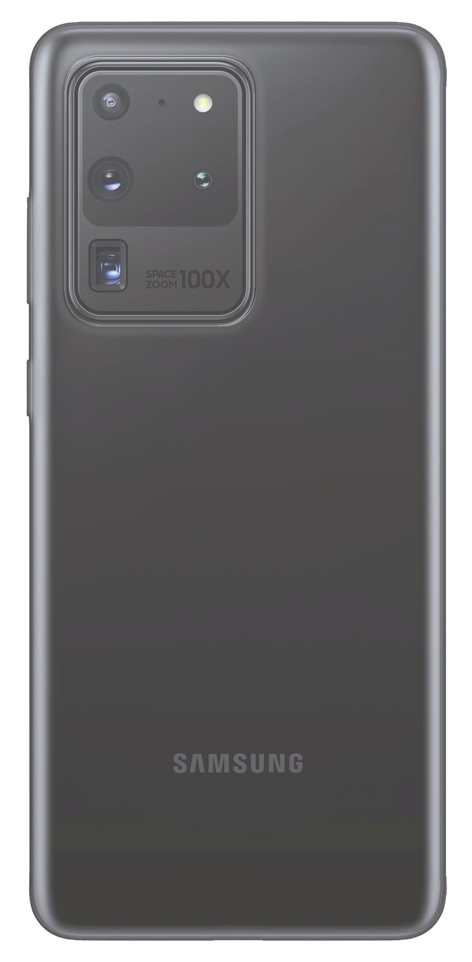 Die Rückseite eines dunkelgrauen Samsung-Telefons mit mehreren Kameras, einem Space-Zoom-Objektiv und dem Samsung-Logo.