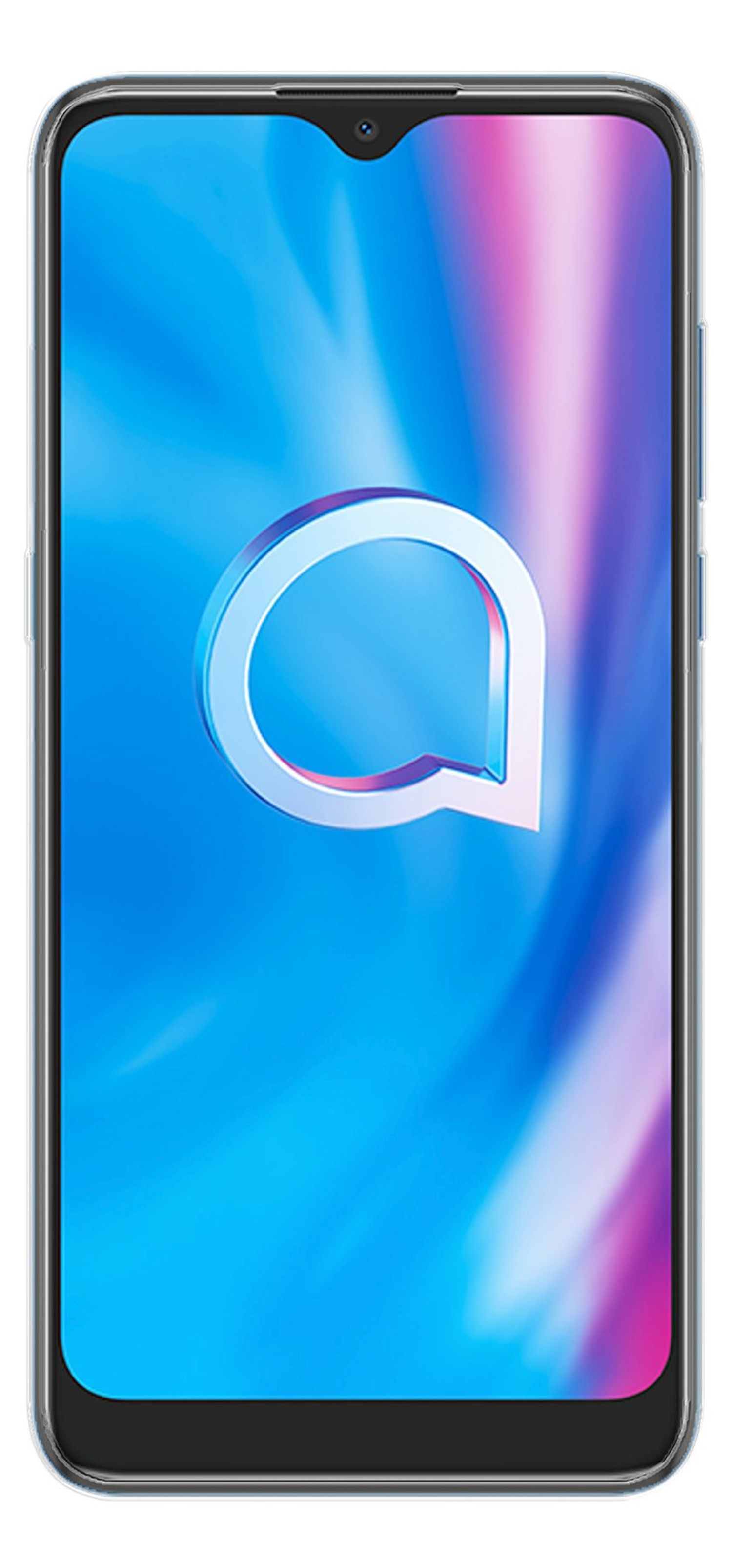 Ein modernes Smartphone mit durchsichtiger Hülle, das einen blau-weißen Gradienten-Hintergrund zeigt.