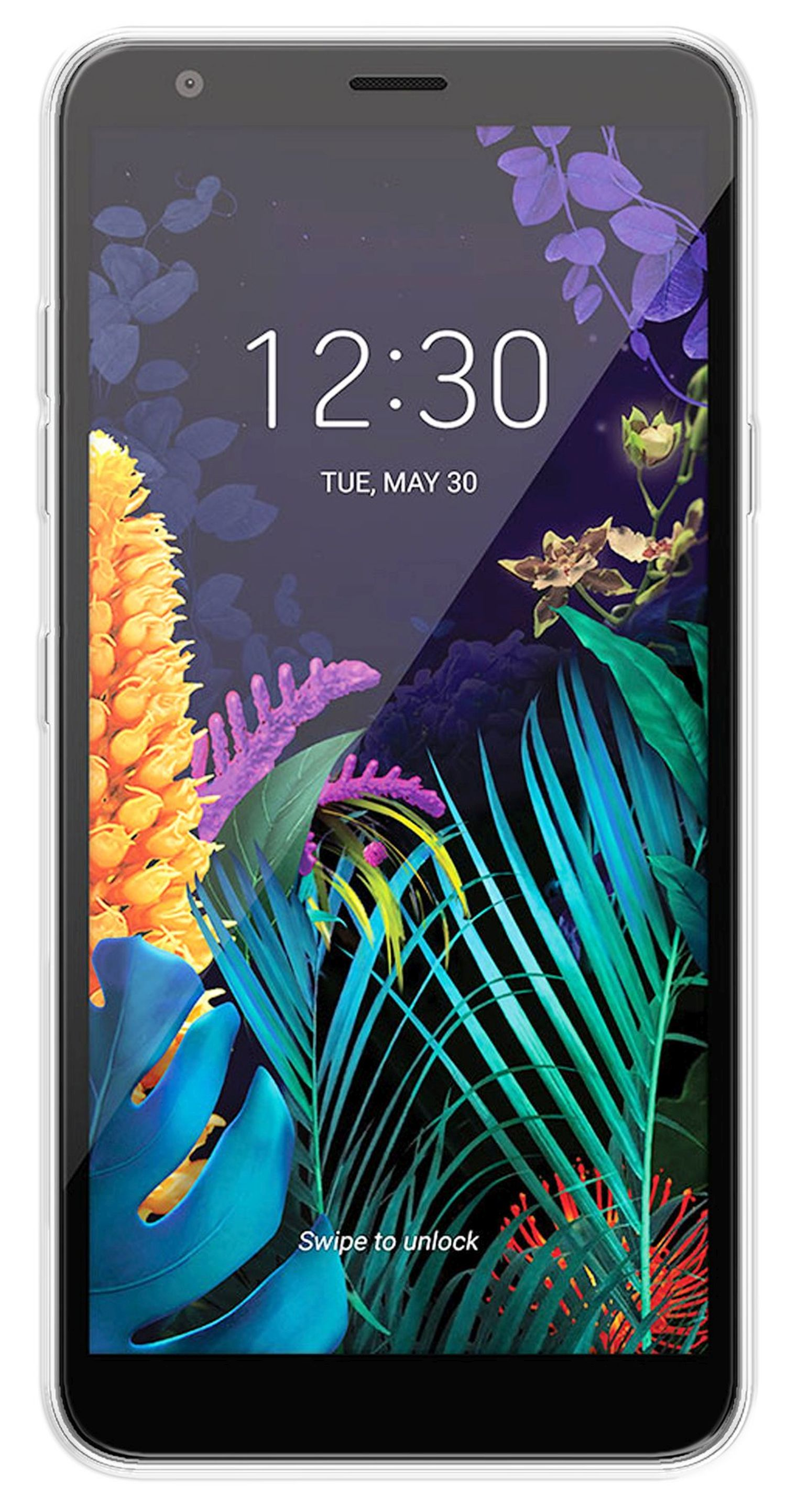 Ein Telefon mit farbenfrohem Bildschirm, der eine Oberfläche mit Blumen zeigt. Die Uhrzeit ist 12:30, Dienstag, 30. Mai.