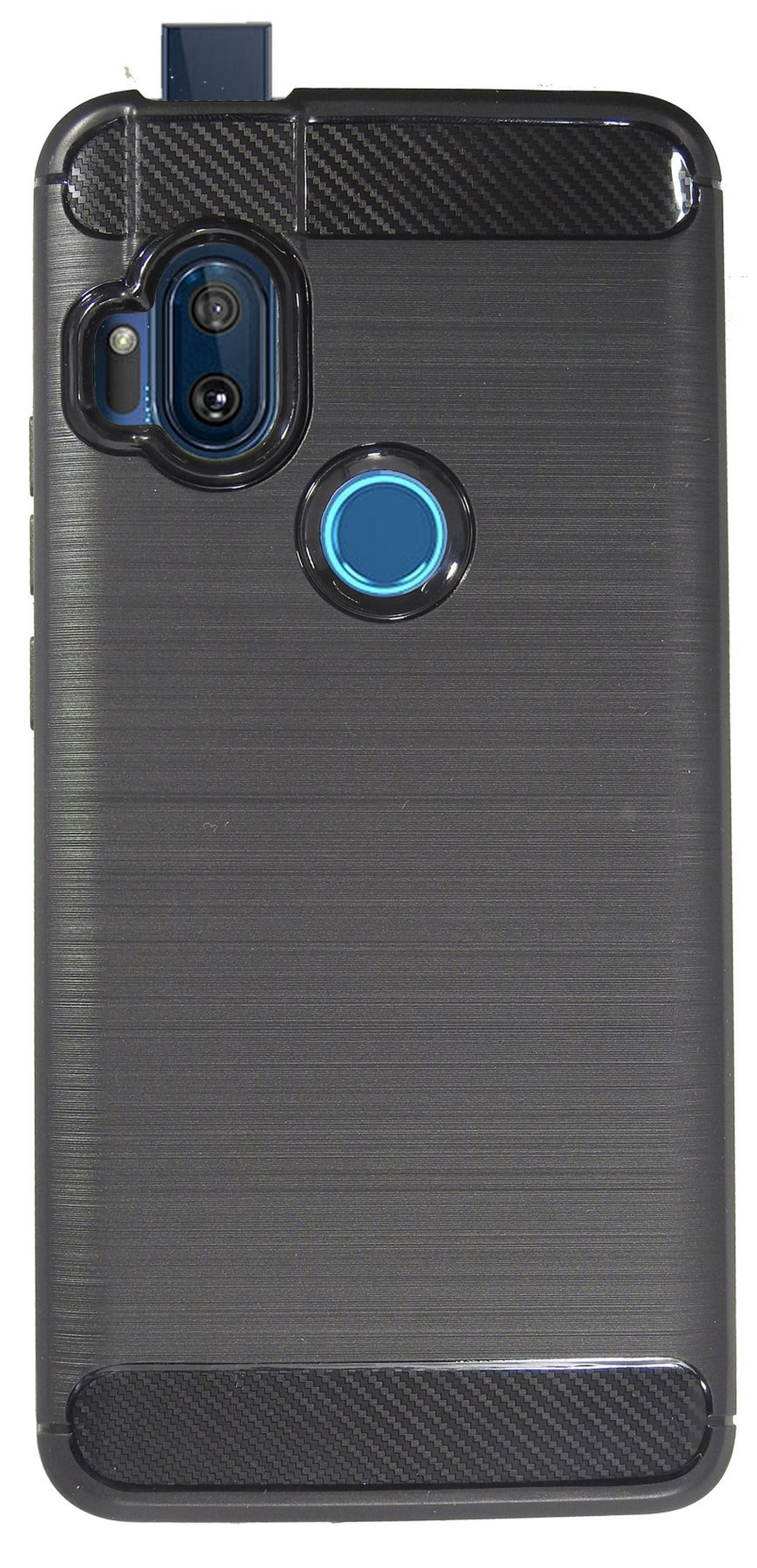 Eine schwarze Handyhülle mit strukturiertem Design, Kamera und Fingerabdrucksensor.