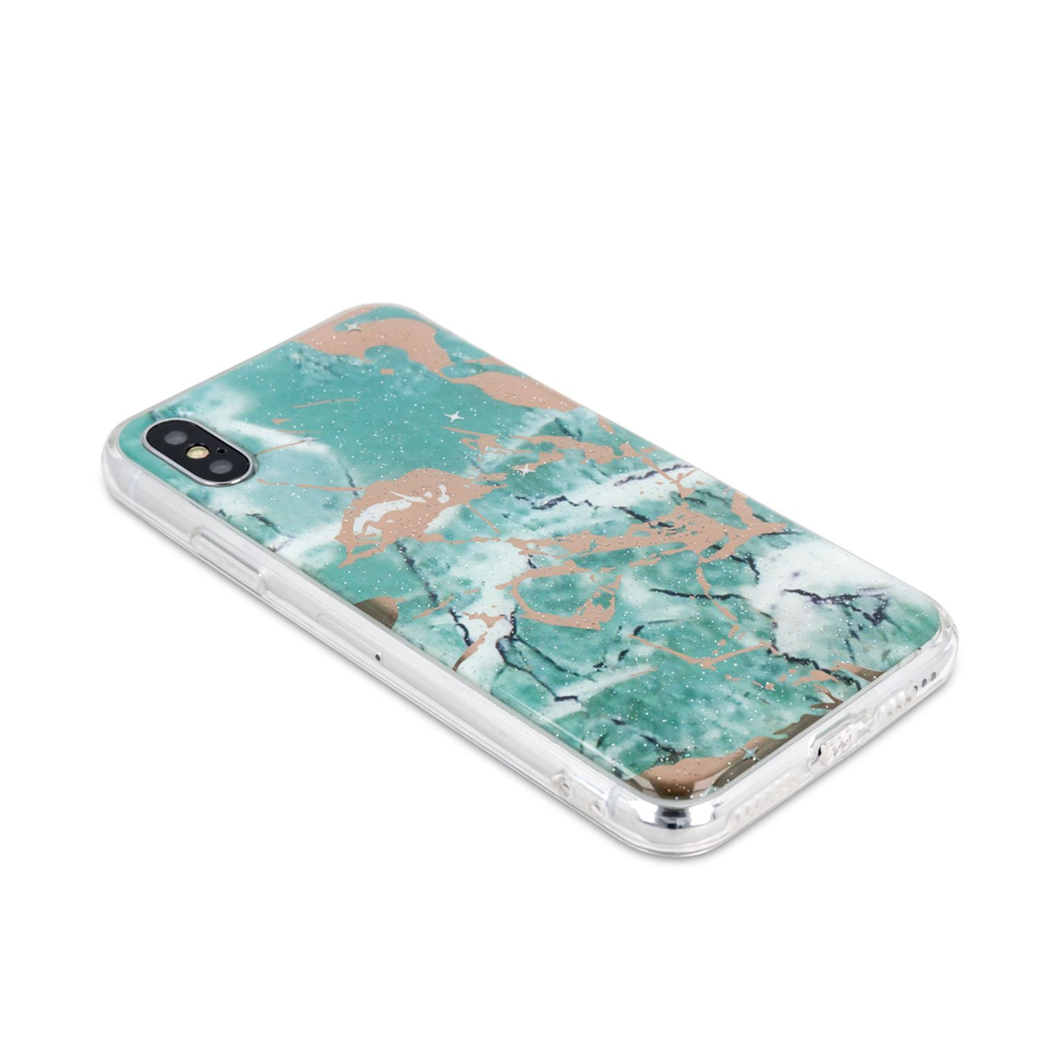 Transparente Handyhülle mit Telefon. Die Hülle hat ein türkisfarbenes und goldenes Marmormuster mit Glitzerakzenten.