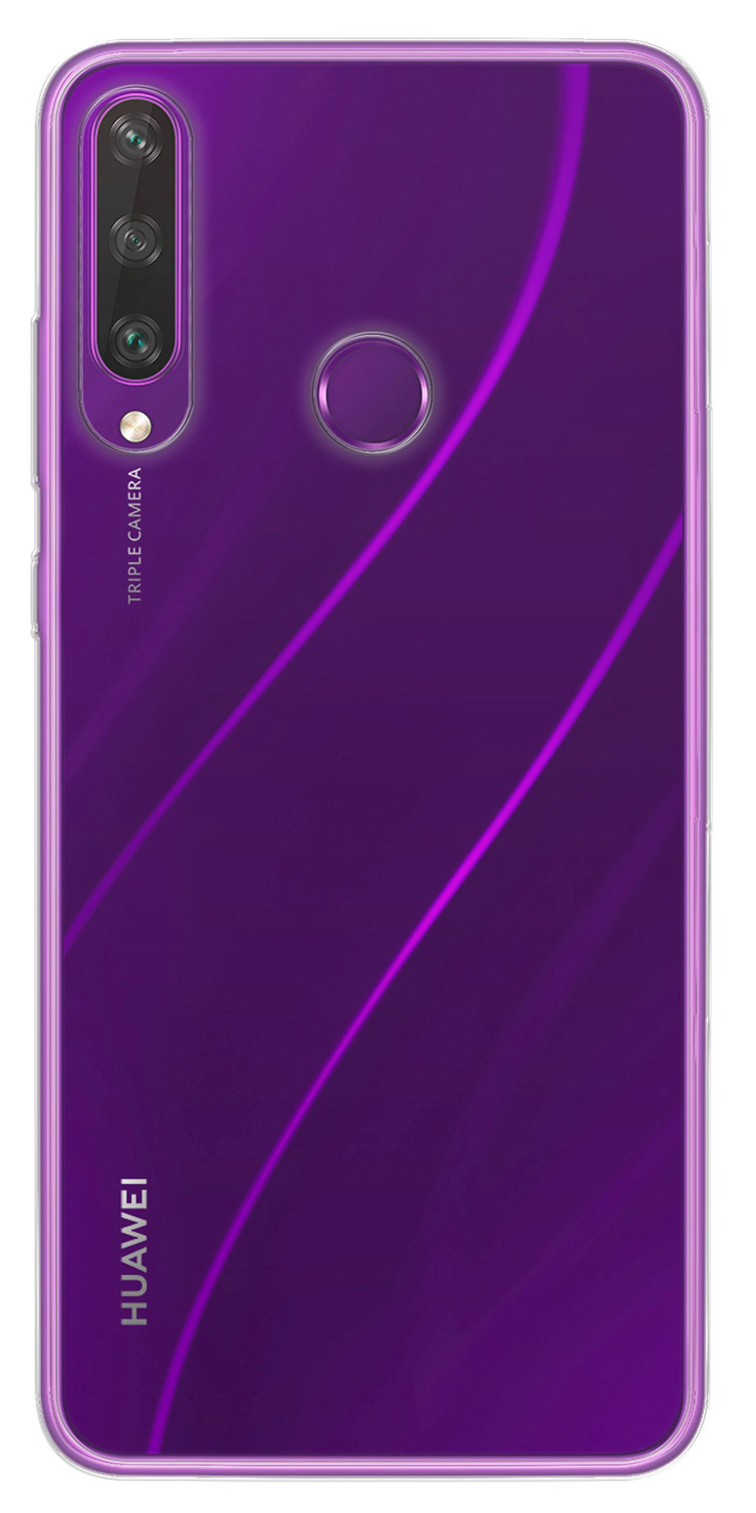 Lila Telefonrückseite mit Kamera und geschwungenem Liniendesign. Huawei-Logo sichtbar.