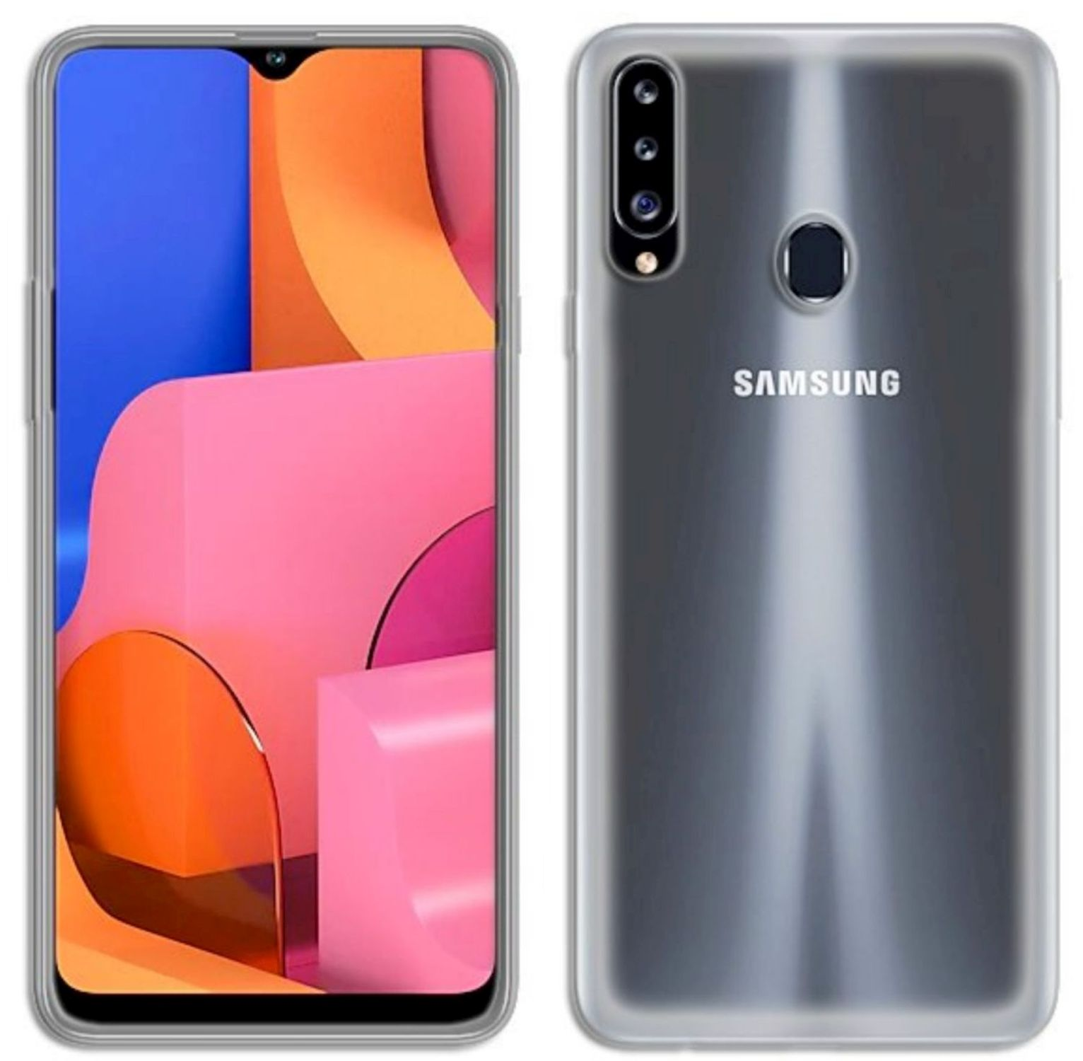 Smartphone vorne und hinten. Vorne: Bildschirm an, rosa-oranger Farbverlauf. Hinten: Grau, strukturiert mit Kameras und Logo.