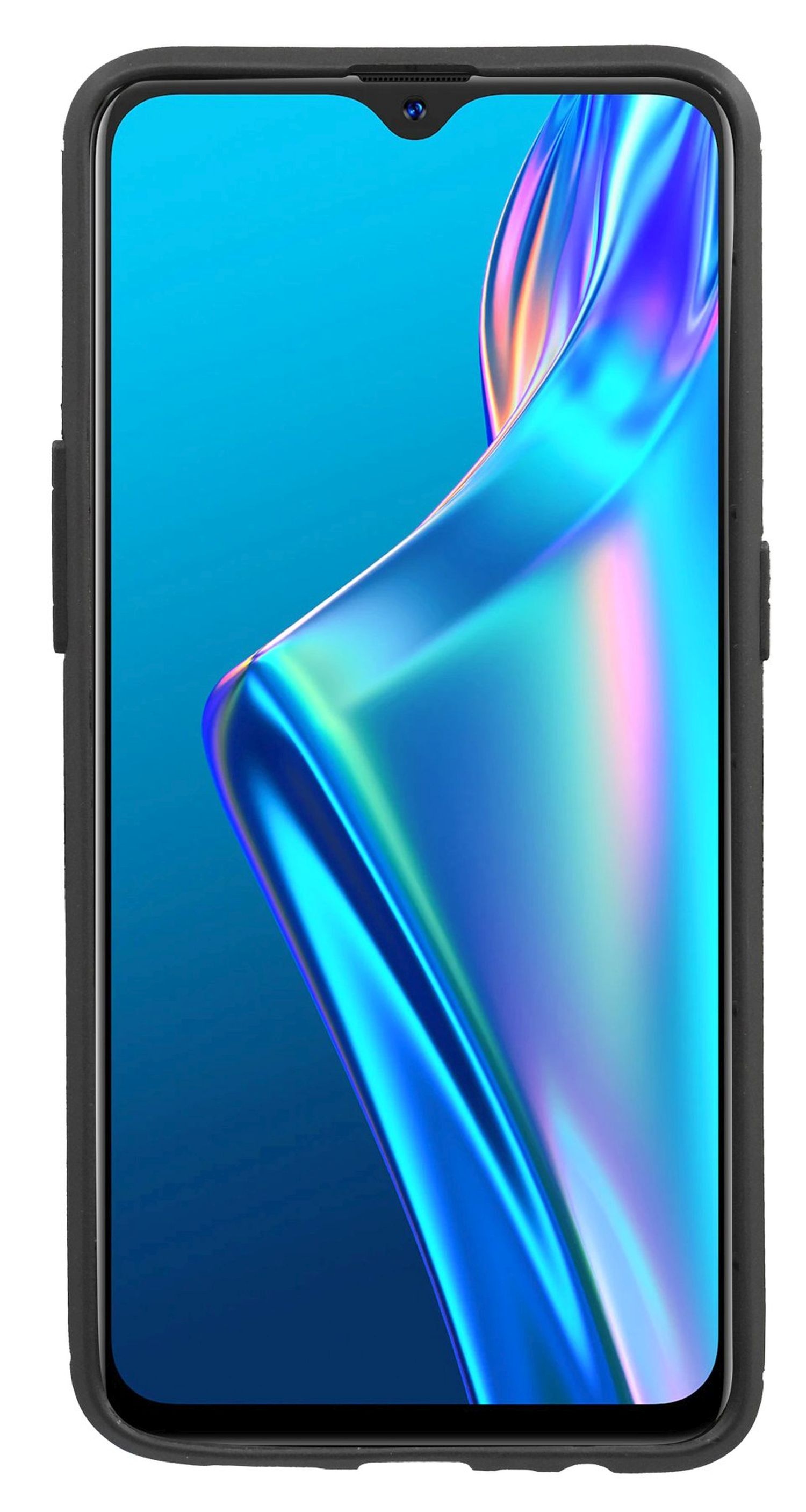 Schwarzes Telefon in einer schwarzen Hülle, das ein lebendiges blaues und grünes abstraktes Design auf dem Bildschirm zeigt.