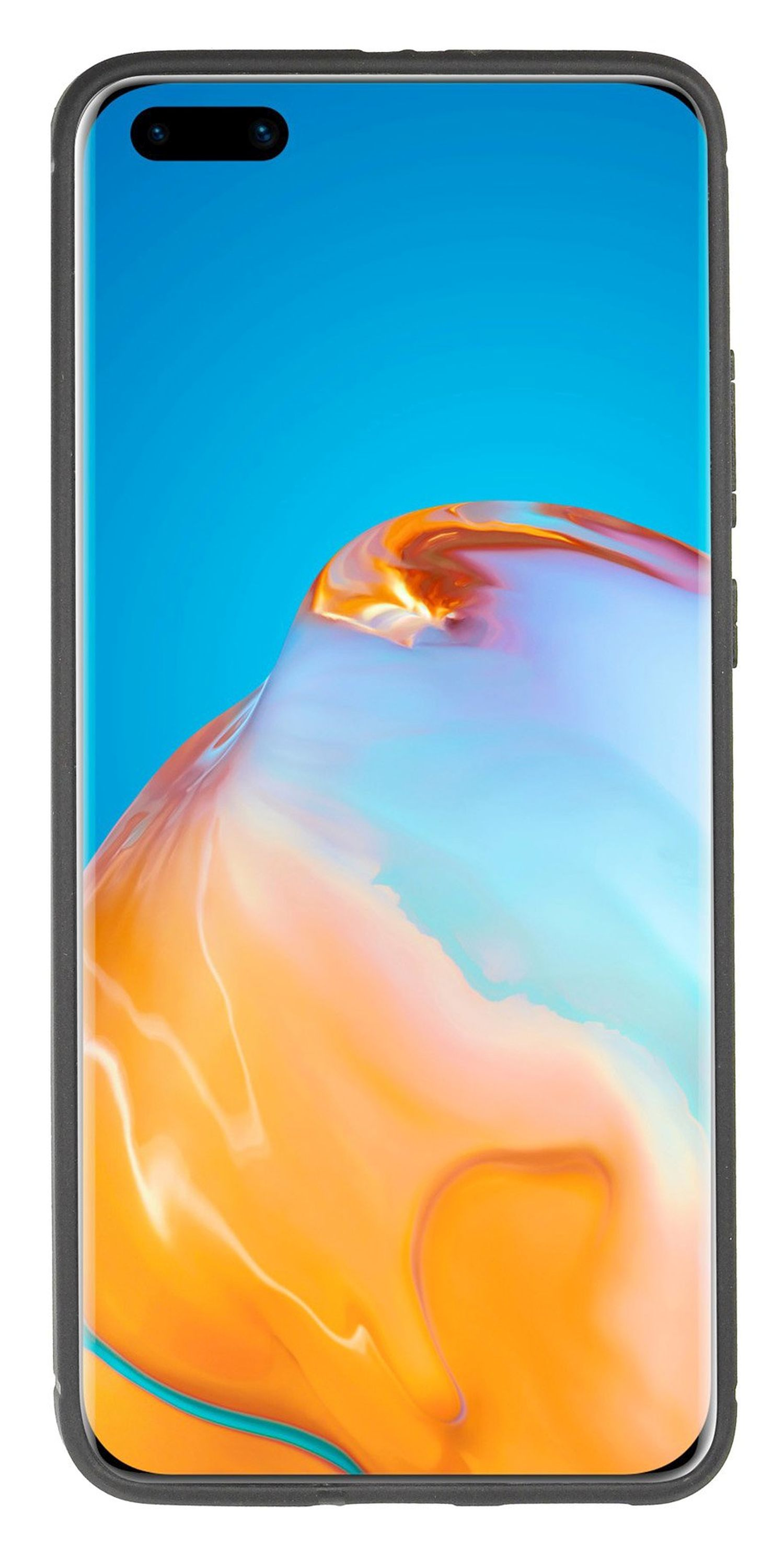 Schwarze Handyhülle mit Telefon, das blauen und orangen Bildschirm zeigt.