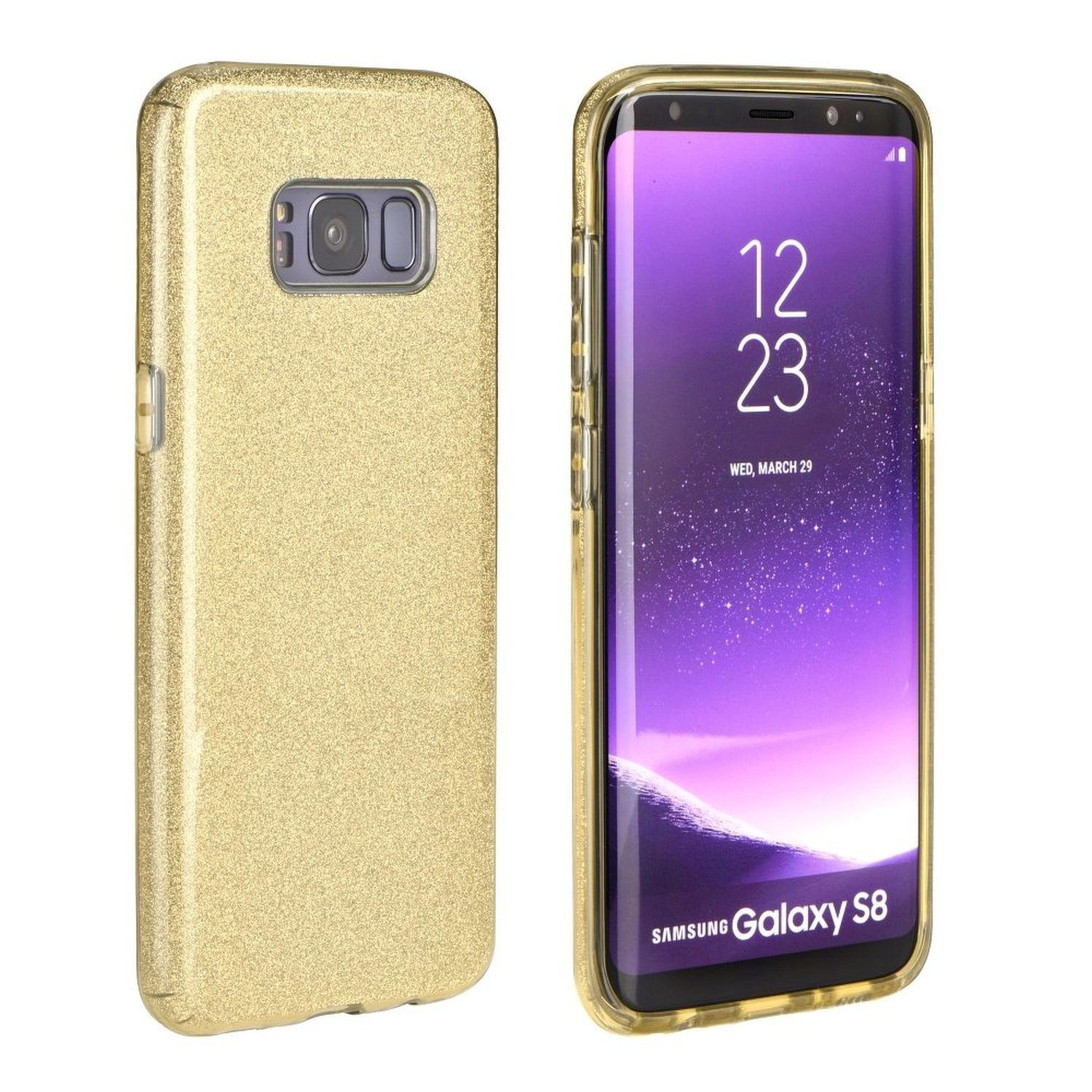 Smartphone mit goldener Hülle, zeigt den Bildschirm. Weißer Hintergrund, seitliche Hülle und Telefon.