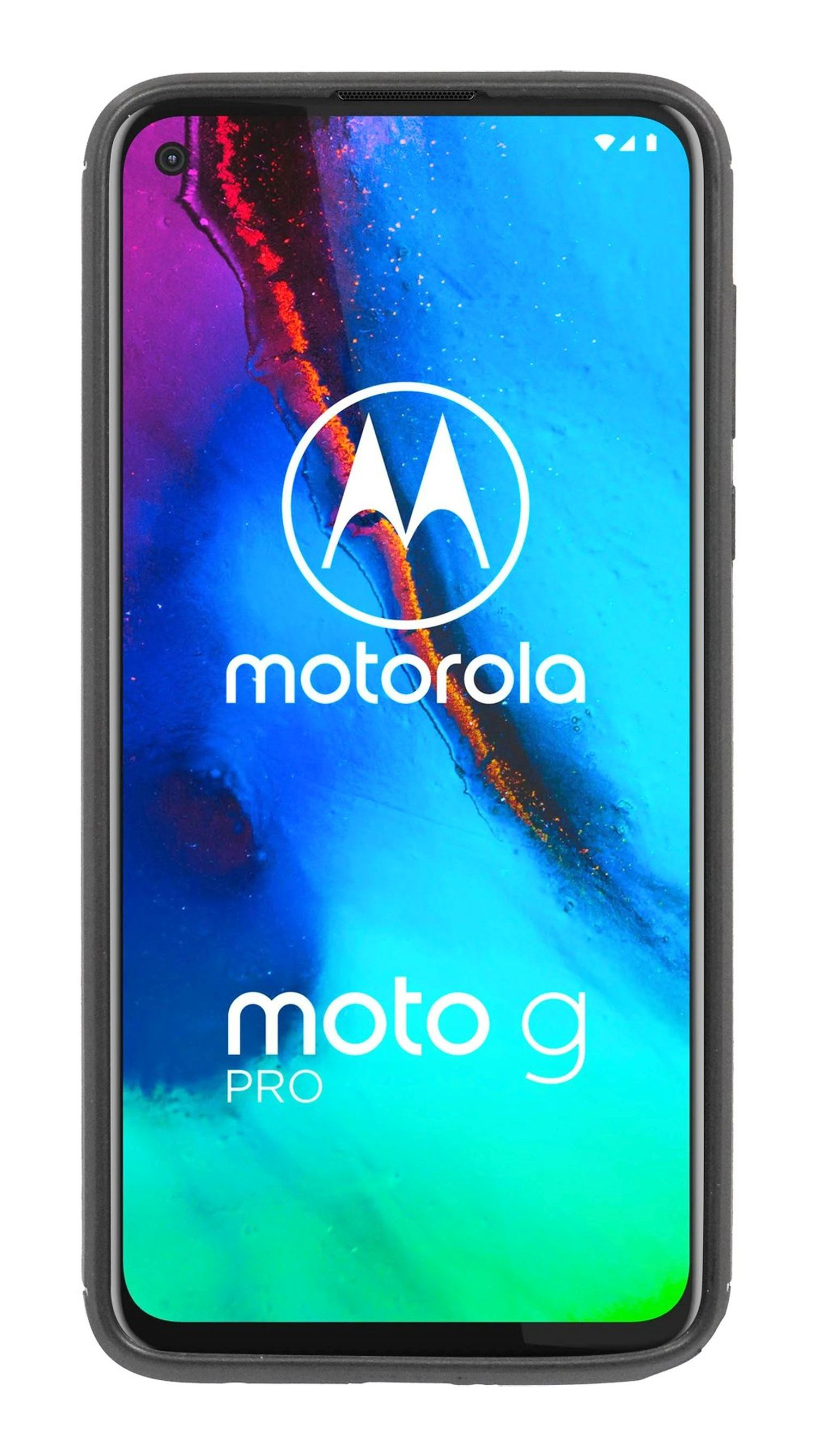 Ein schwarzes Telefon mit dem Motorola-Logo und dem Text Moto G Pro auf dem Bildschirm.