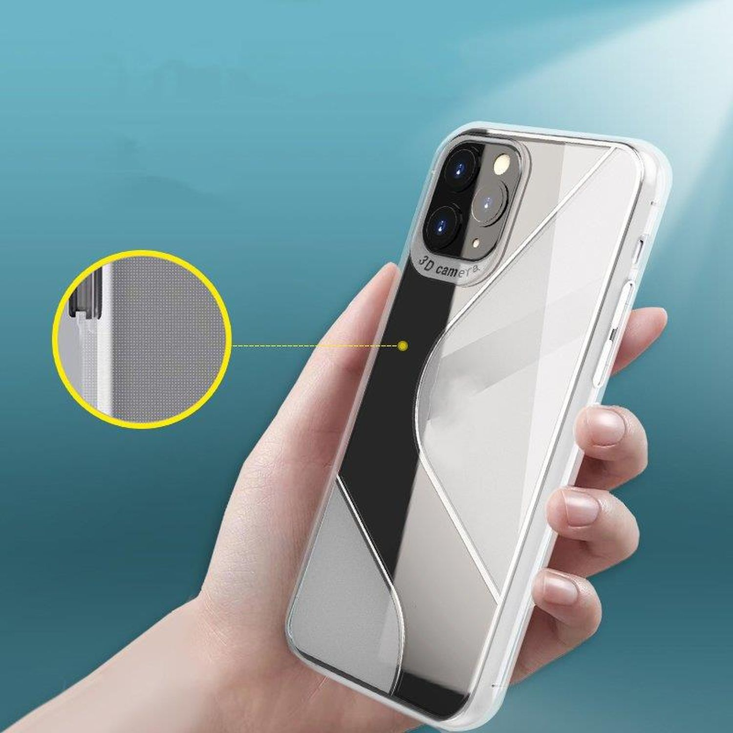 Smartphone mit durchsichtiger Hülle, zeigt Rückseite mit drei Kameras auf blauem Gradienten.