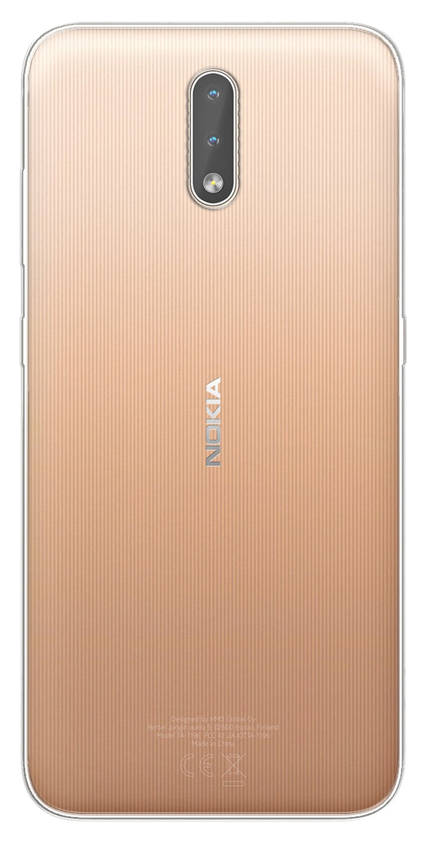 Rückseite eines goldfarbenen Telefons mit vertikalen Linien. Nokia-Logo sichtbar.