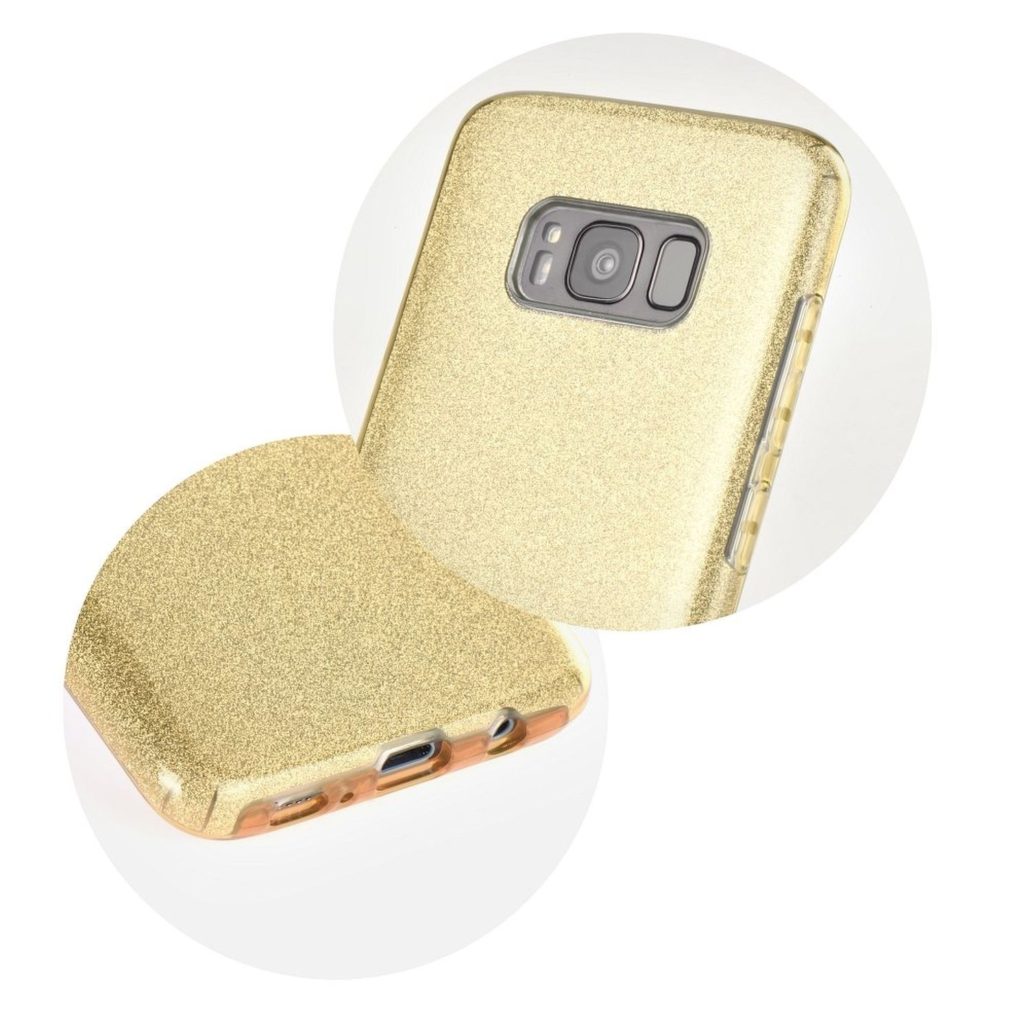 Goldenes Glitzer-Handycase mit sichtbarer Handykamera, in einem Winkel auf weißem Grund geöffnet.