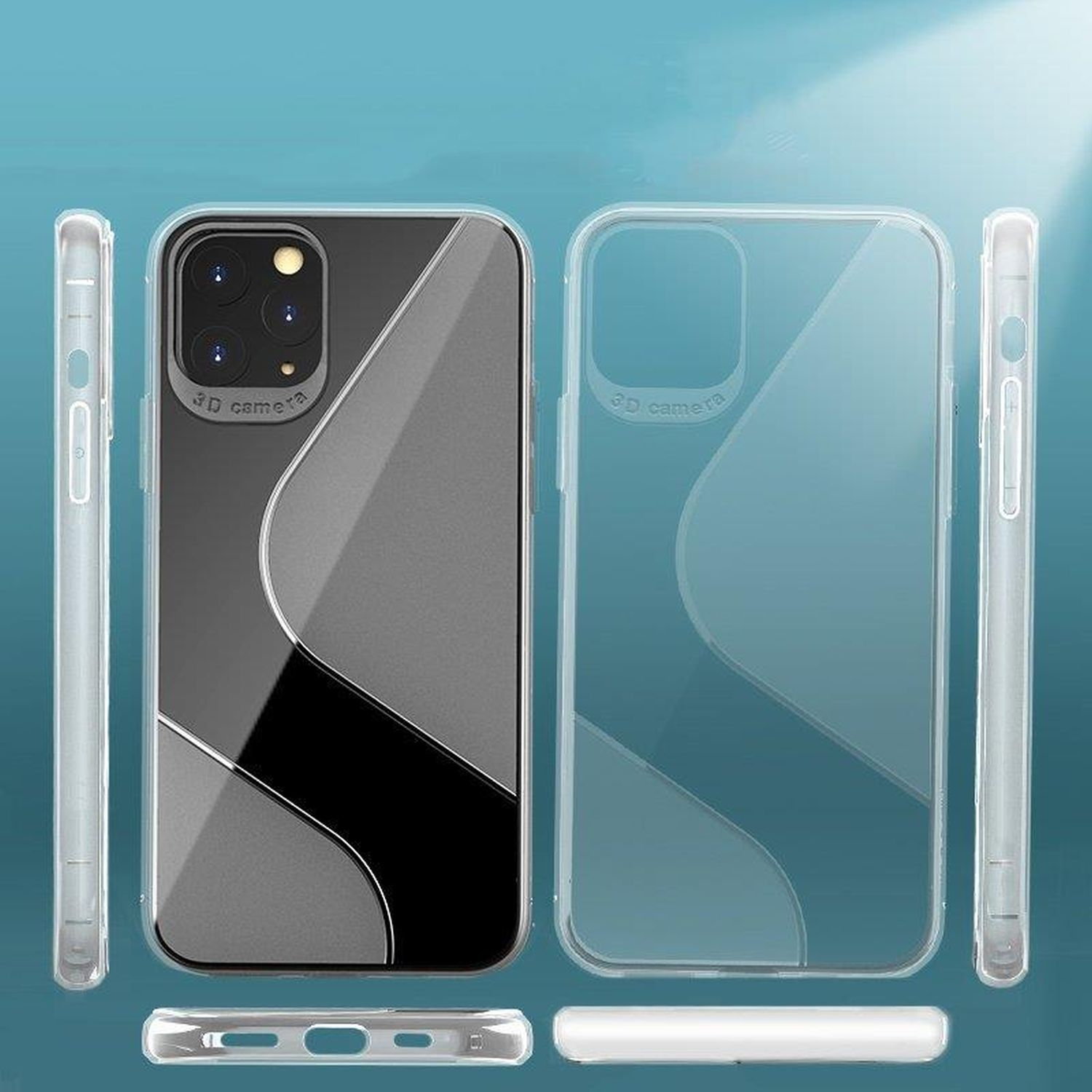 Handyhüllen in einer Reihe, die ein Telefon mit Kamera zeigen. Die Hüllen sind klar und transparent.