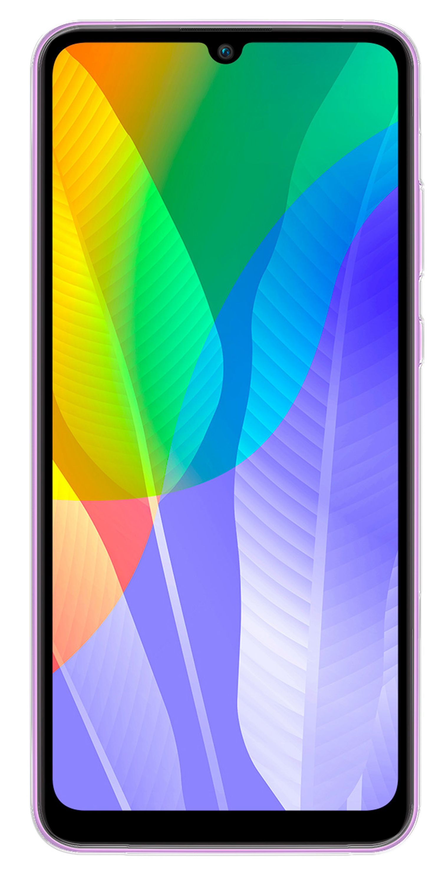Ein lila Telefon mit einem bunten Display, das ein lebendiges, abstraktes Design zeigt.