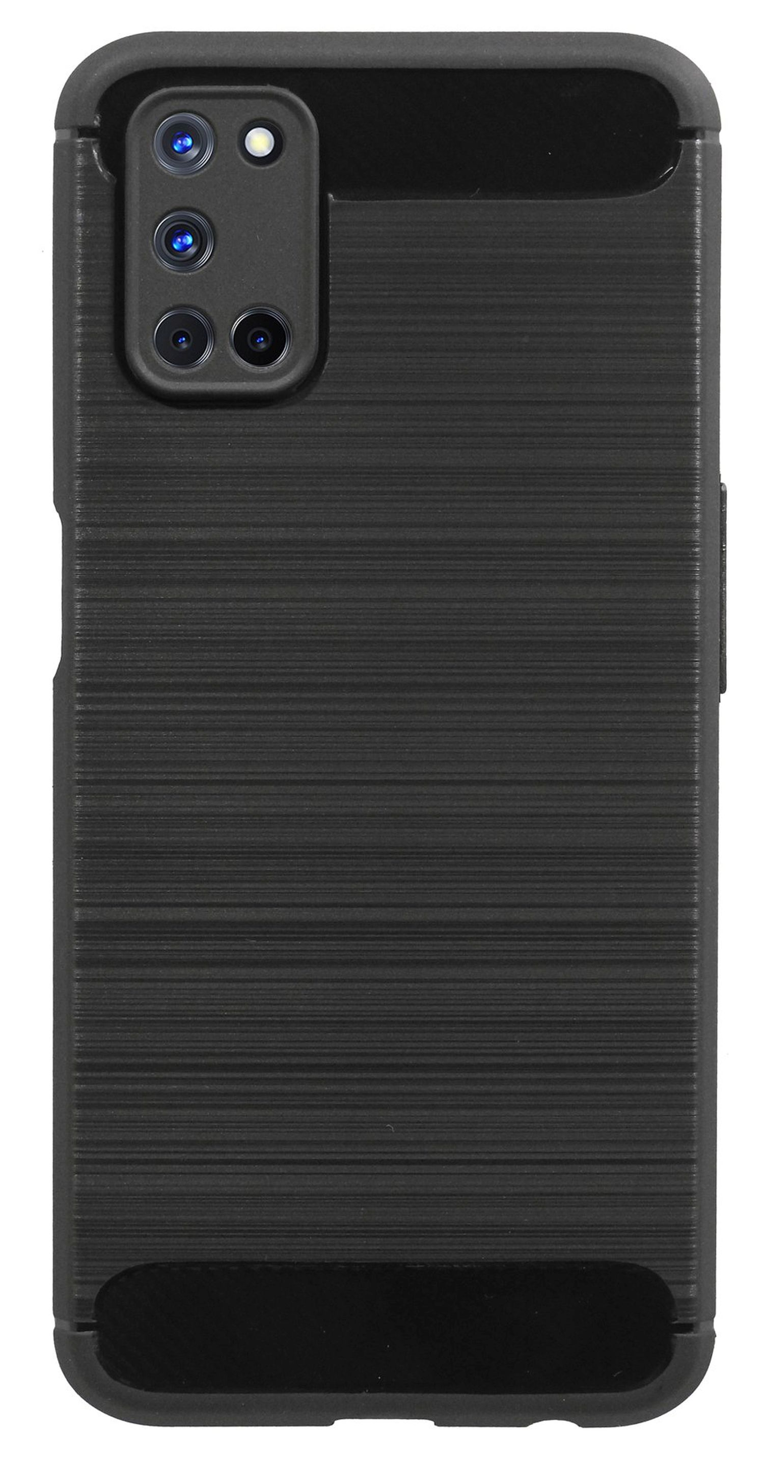 Eine schwarze Handyhülle mit strukturiertem Design und Kameraausschnitten. Sie hat ein schwarzes Finish.