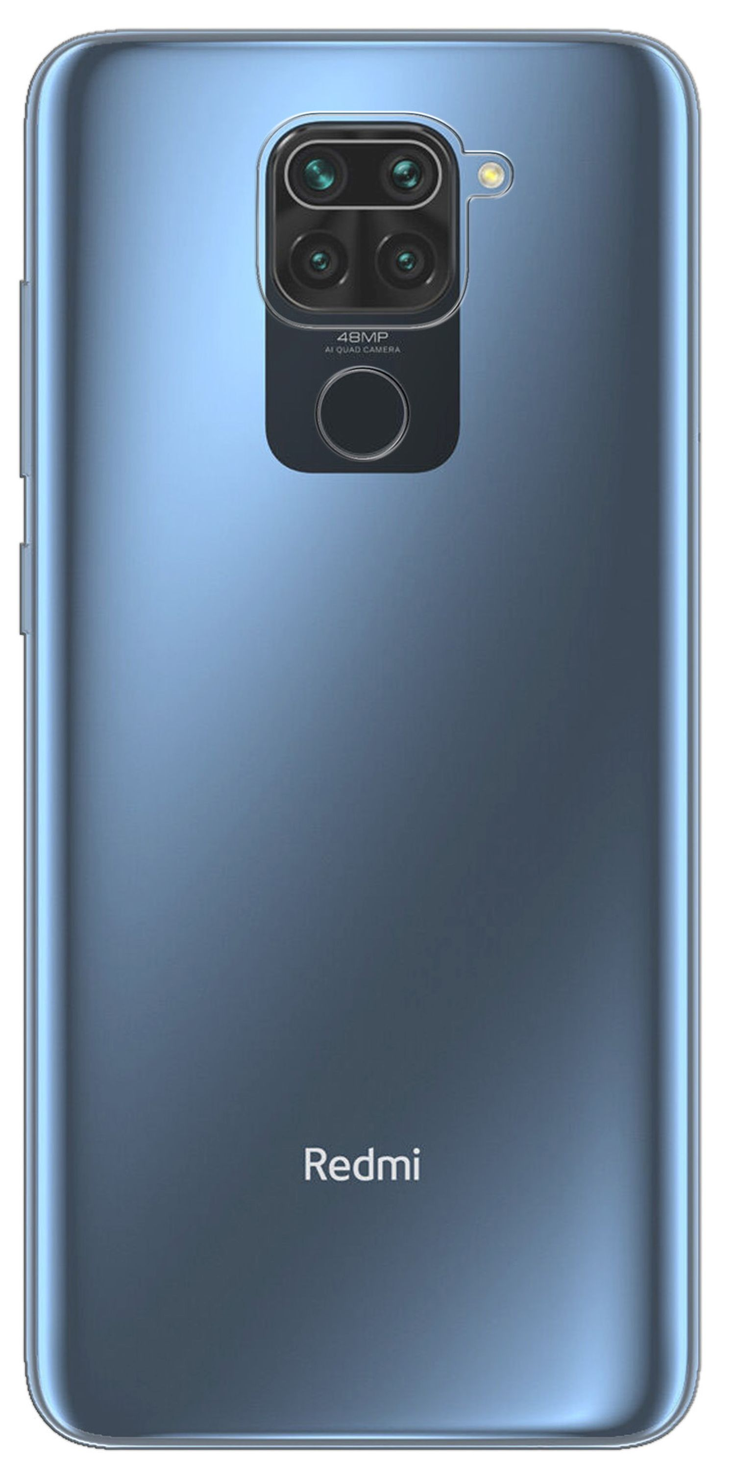 Blaue Telefonrückseite, mit Kameras und Redmi-Logo. Schwarzes Kameragehäuse.