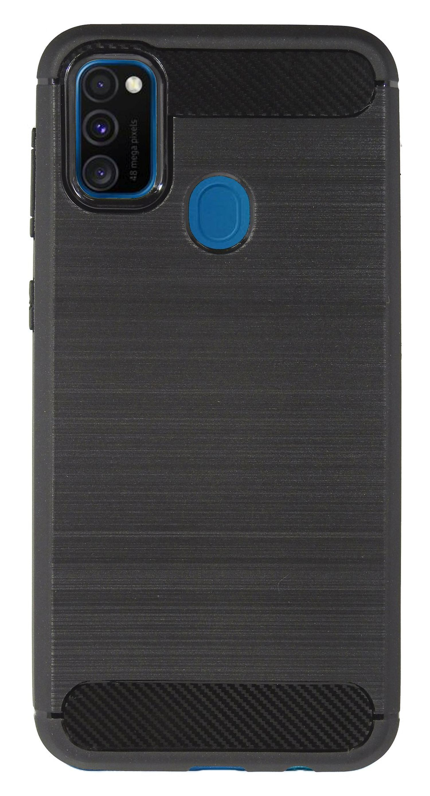 Schwarze, strukturierte Handyhülle mit blauem Kameraquadrat und blauem Fingerabdrucksensor.