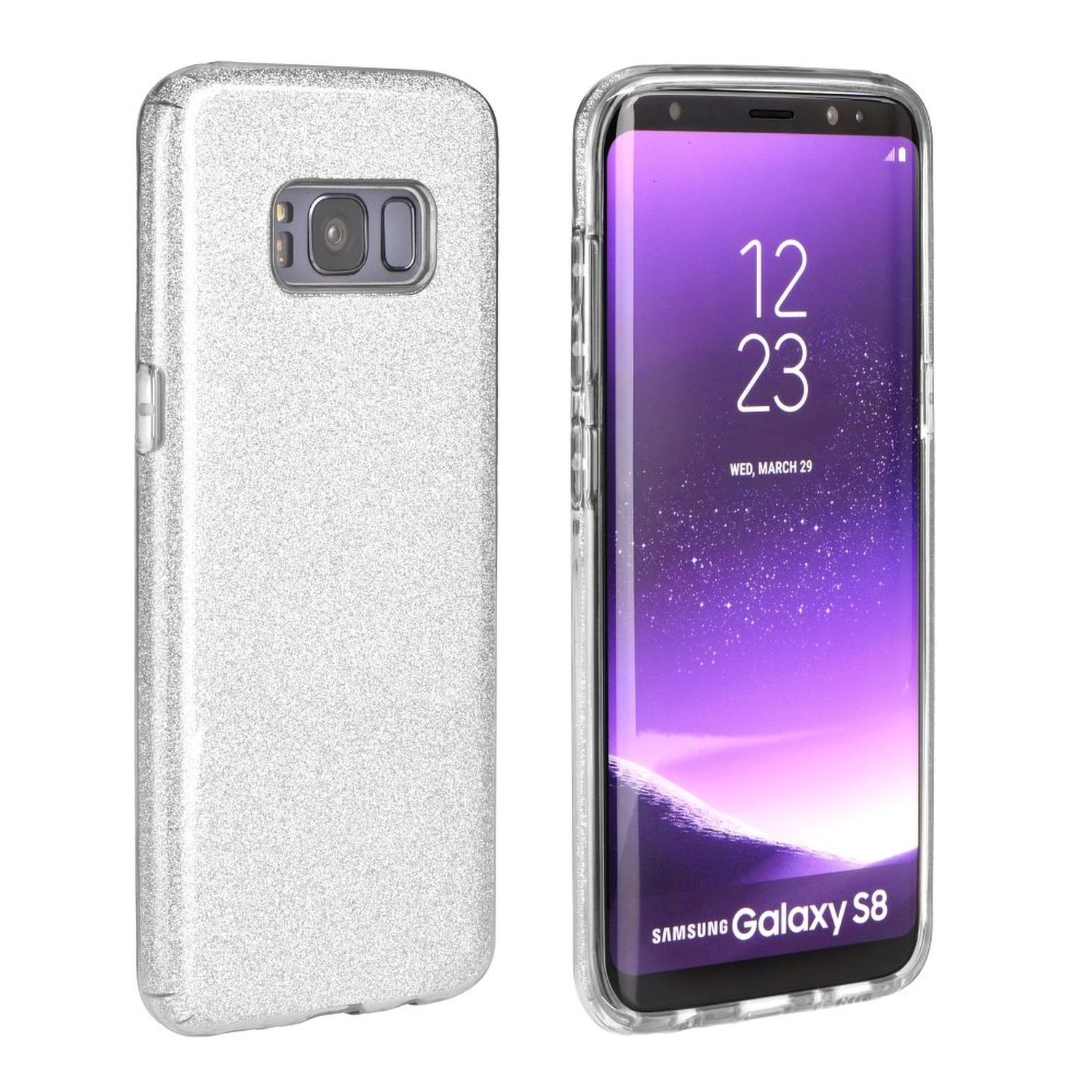 Silberne Glitzer-Handyhülle neben einem Telefon, das ein Datum anzeigt: 12/23 und das Samsung Galaxy S8-Logo.