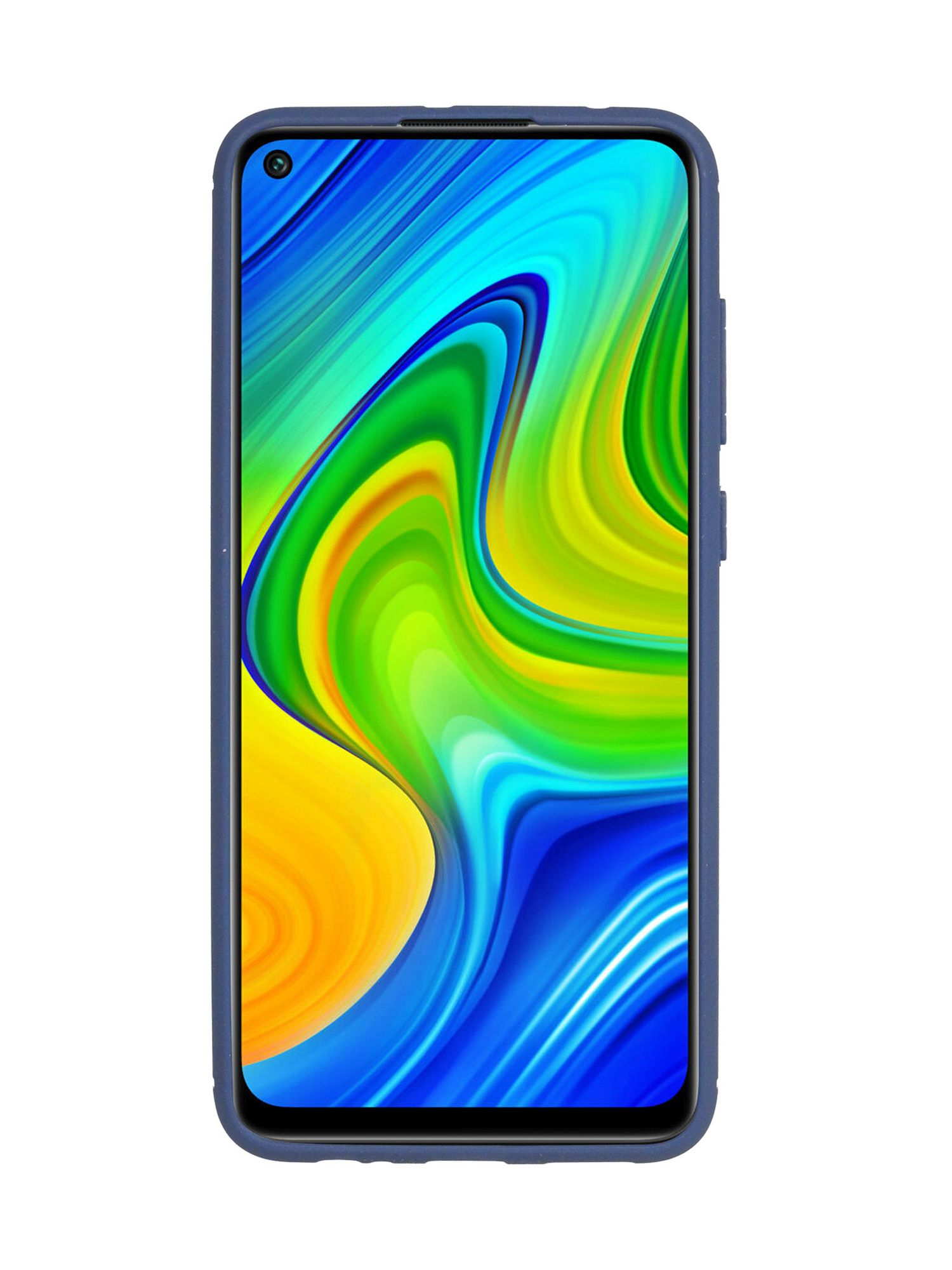 Blaue Handyhülle auf einem Telefon, das einen farbenfrohen Bildschirm zeigt. Weißer Hintergrund.