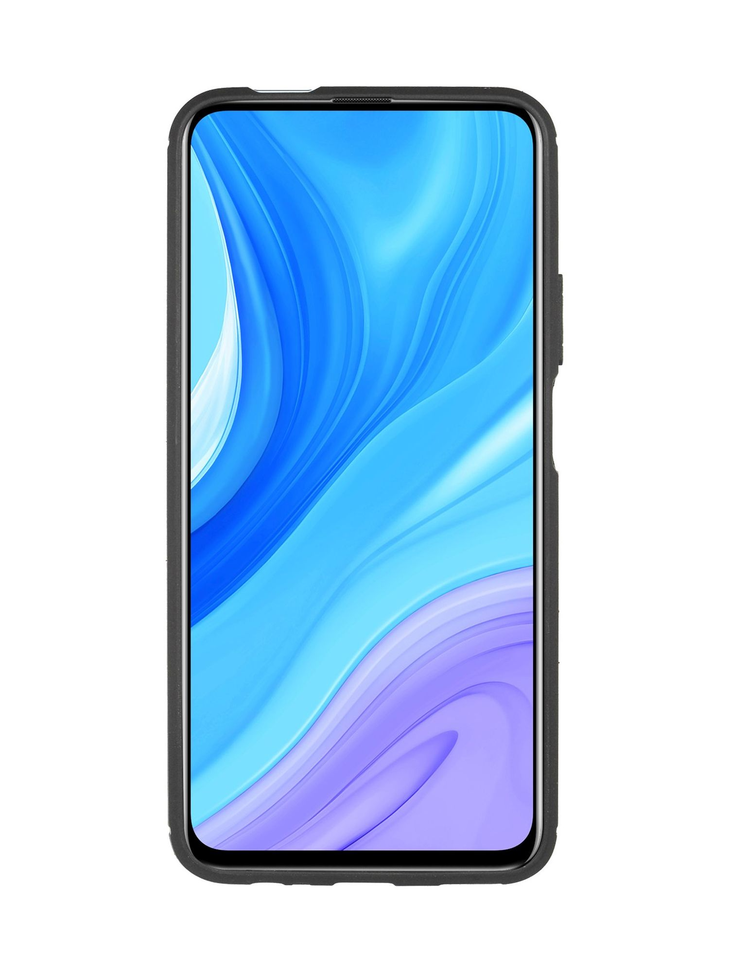 Smartphone mit blau-lila Farbverlauf auf dem Bildschirm, in schwarzem Gehäuse.