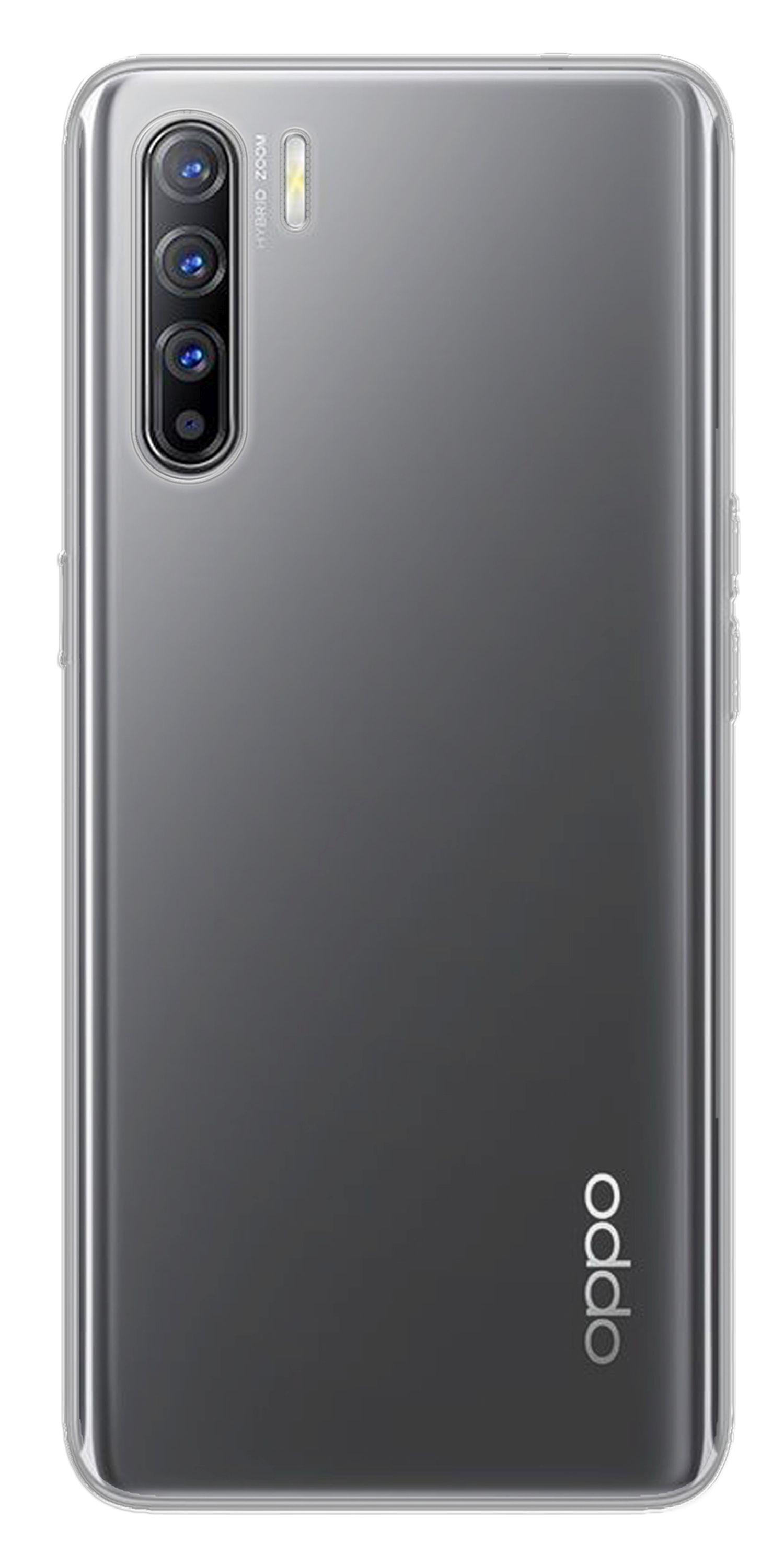 Eine transparente Handyhülle mit einem Telefon darin. Das Telefon hat mehrere Kameras. Die Marke OPPO ist aufgedruckt.
