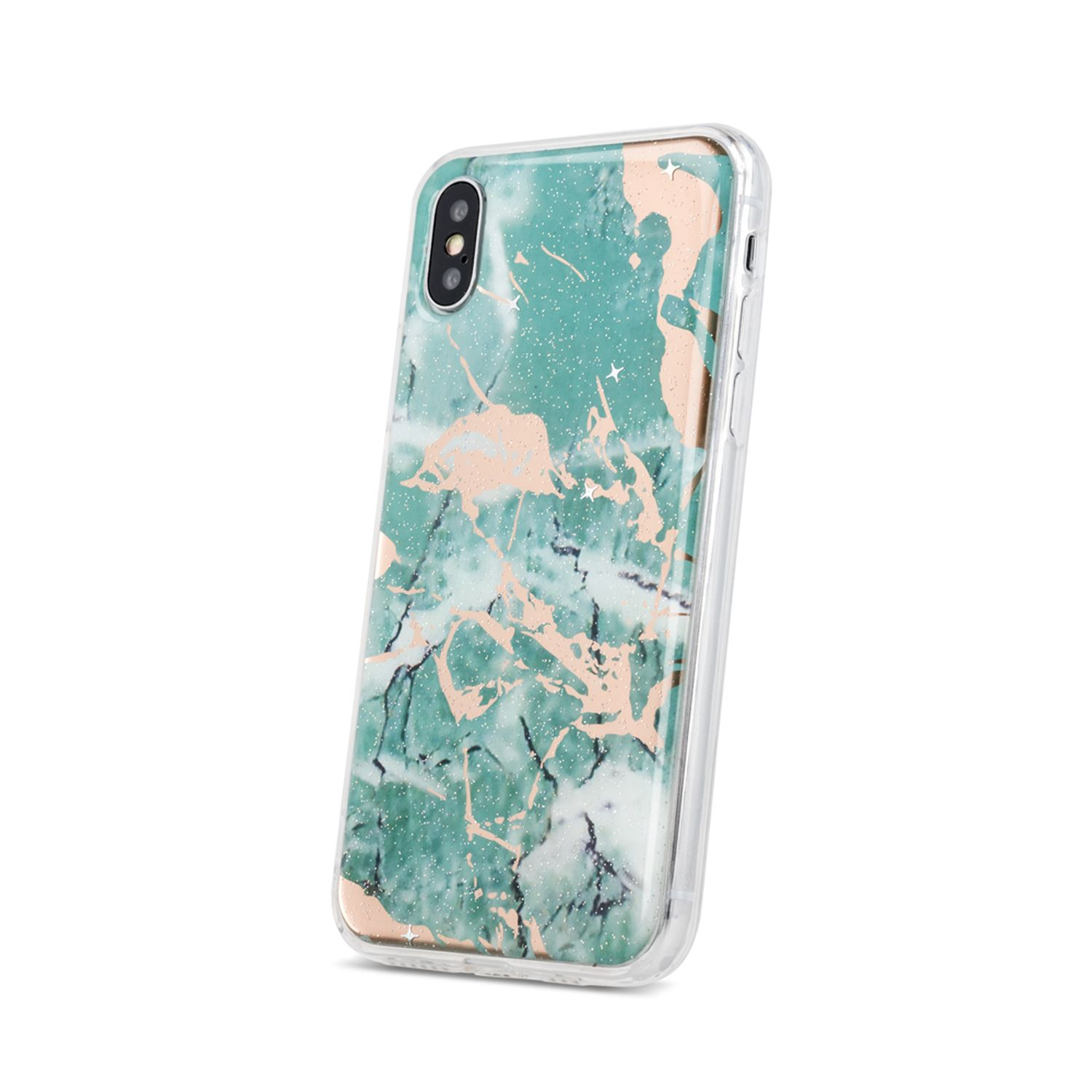 Telefon in transparenter Hülle mit Marmordesign.