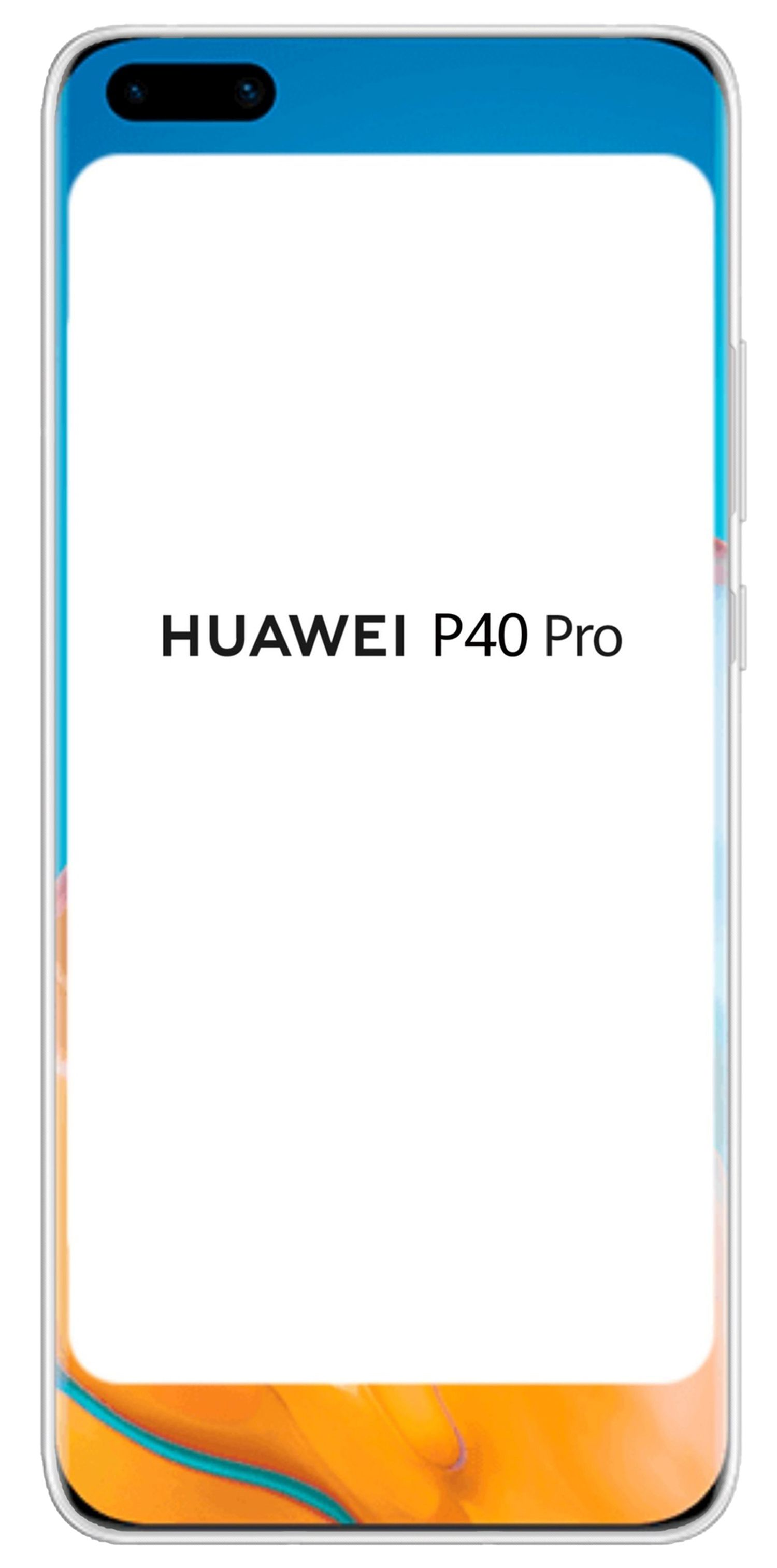 Ein Smartphone mit weißem Bildschirm, auf dem 'HUAWEI P40 Pro' steht. Der Hintergrund hat blaue und orangefarbene Farbtöne.