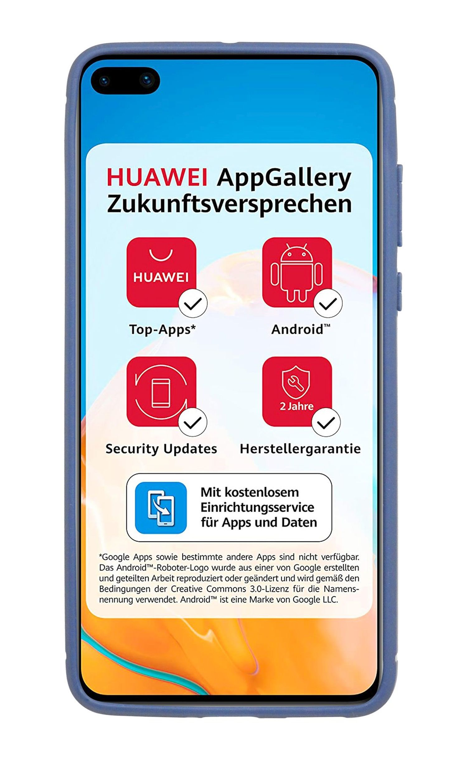 Blaues Telefon mit Schutzhülle, Details. Deutscher Text über Huawei AppGallery und Vorteile.