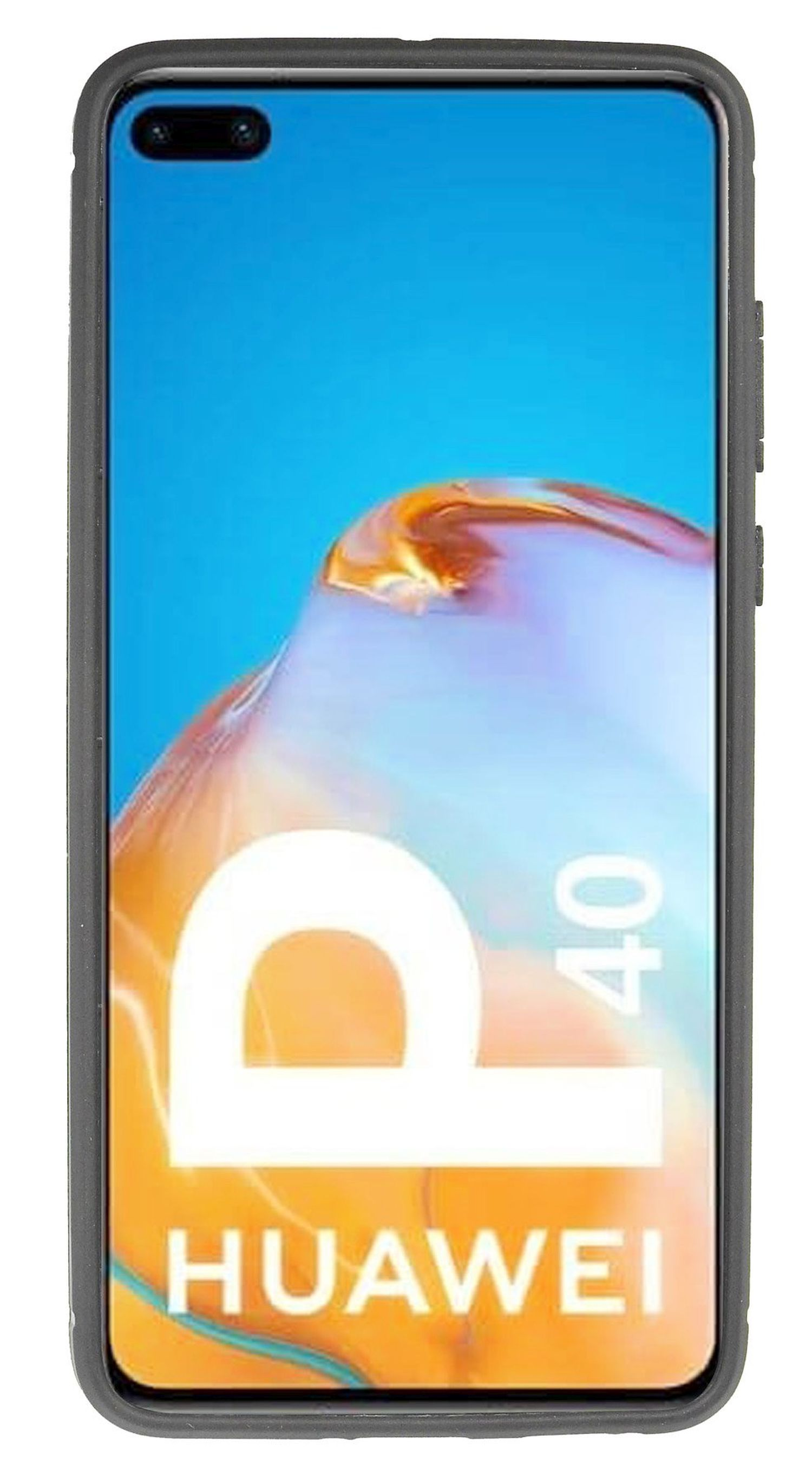Ein Telefon mit blauem Bildschirm und dem Wort 'HUAWEI' unten. Schwarzes Gehäuse.