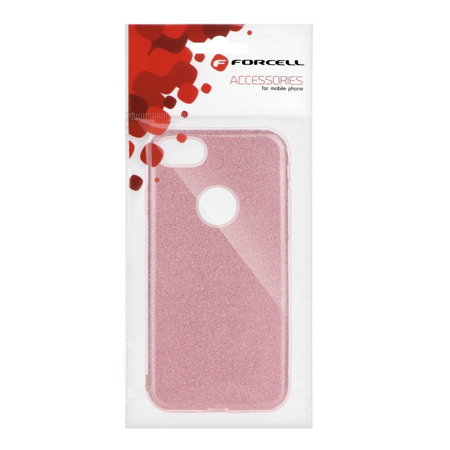 Eine Handyhülle in einer Plastikverpackung mit rosa Glitzeroberfläche und dem Markennamen FORCELL.